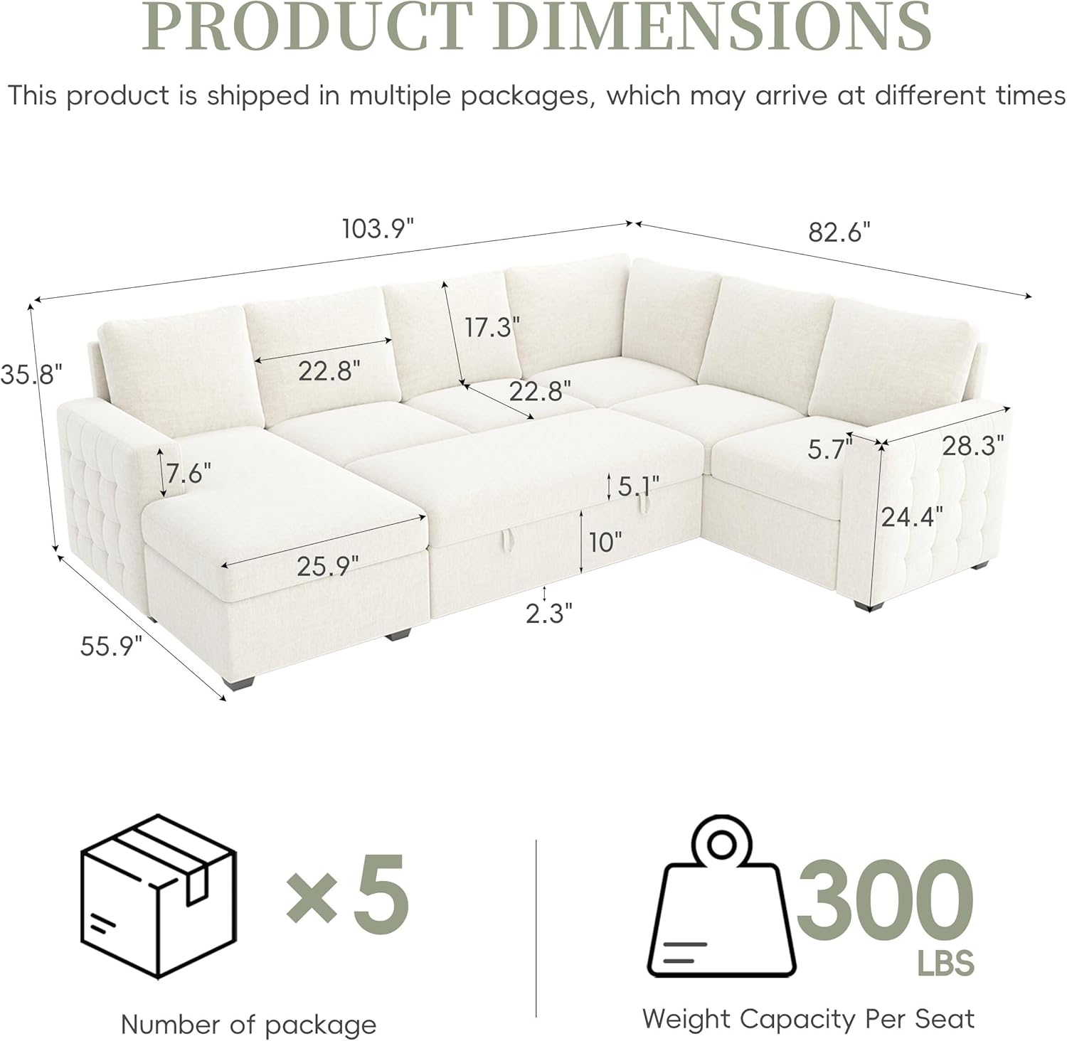 104" Sectional Sleeper Sofa Bed, Pull Out Couch with Storage, Modular Cloud Sofa with Chaise, 7 Seat U Shaped Sectional Couches for Living Room& Apartment, Convertible Sofas, White Couch