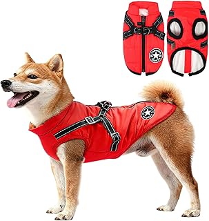 Hundejacke Winterweste Jacken, Hundejacke mit Geschirr, Hundemantel Wasserdicht, Warmer Hunde Wintermantel, Hunde Winterweste gefüttert, Maschinen Waschbarer, Wasserdicht (XL, Rot)