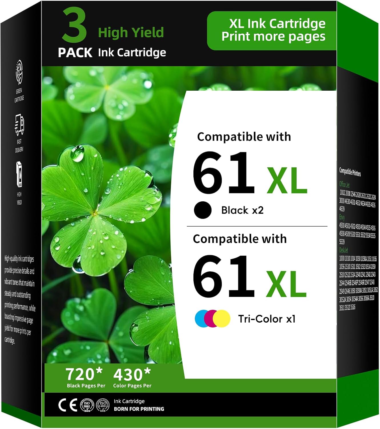 61XL Ink Cartridge 3-Pack Replacement for HP 61 Combo Pack Compatible with HP 5530 4500 2620 4630 2540 4502 3050 1510 4632 4501 2542 2514 3510 4635 3050a 5535 4610 Printer Ink(2 Black, 1 Tri-Color)
