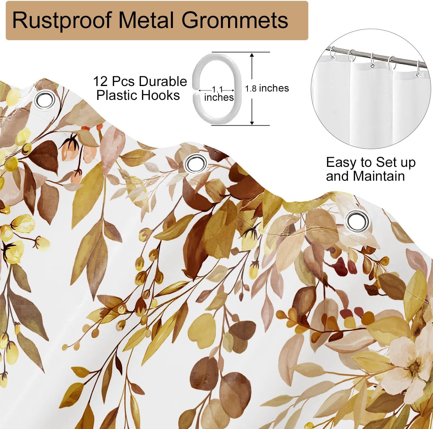 Eucalyptus Shower Curtains for Bathroom, Brown Watercolor Leaves with Floral Shower Curtain Sets with Hooks, Waterproof Fabric Botanical Bathroom Decor, 72x84 Inches