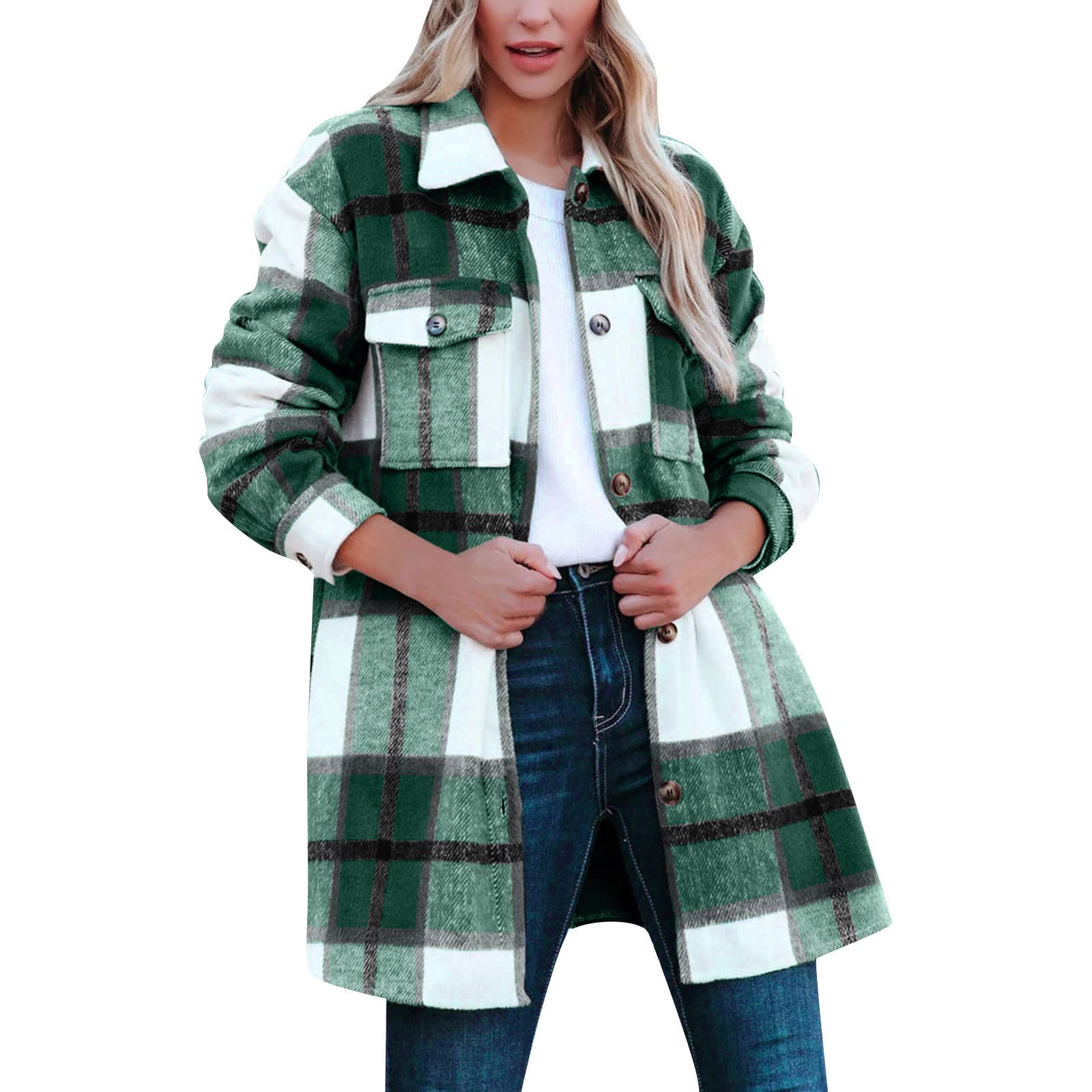 Flanellhemd Damen Kariert, Hemdjacke Damen Gefüttert Mit Taschen Shacket Mantel Casual Übergangsjacke Revers Freizeitjacke Knöpfe Blazermantel Elegant Wolljacke Windbreaker Trachtenhemd