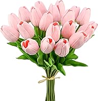 Mandy's Light Pink Artificial Tulips 20 Stems - Realistic PU Faux Flowers for Weddings, Easter, Valentine's Home Decor 13.5"