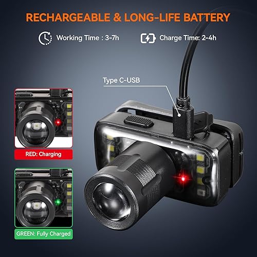 Miniatura 3 de VAVOFO Paquete de 2 linternas LED para faros delanteros, 500 lúmenes, recargable, impermeable, con luz blanca brillante + roja, atenuación continua,