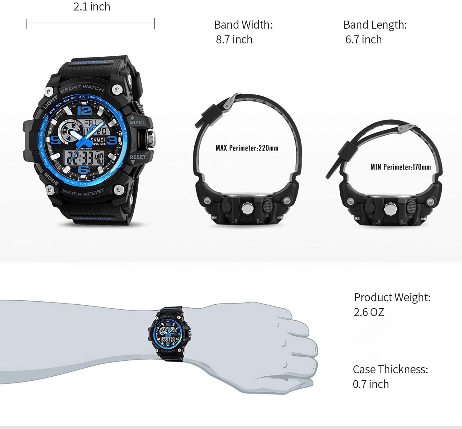 MASTOP Orologio digitale da uomo, impermeabile fino a 50 m, grande quadrante, multifunzione, analogico, militare, sportivo, impermeabile, elettronico