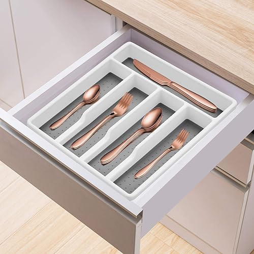 Miniatura 6 de E-far Organizador de cubiertos, bandeja de cubiertos de plástico para cajón, soporte para utensilios de vajilladivisor para cocina con 5