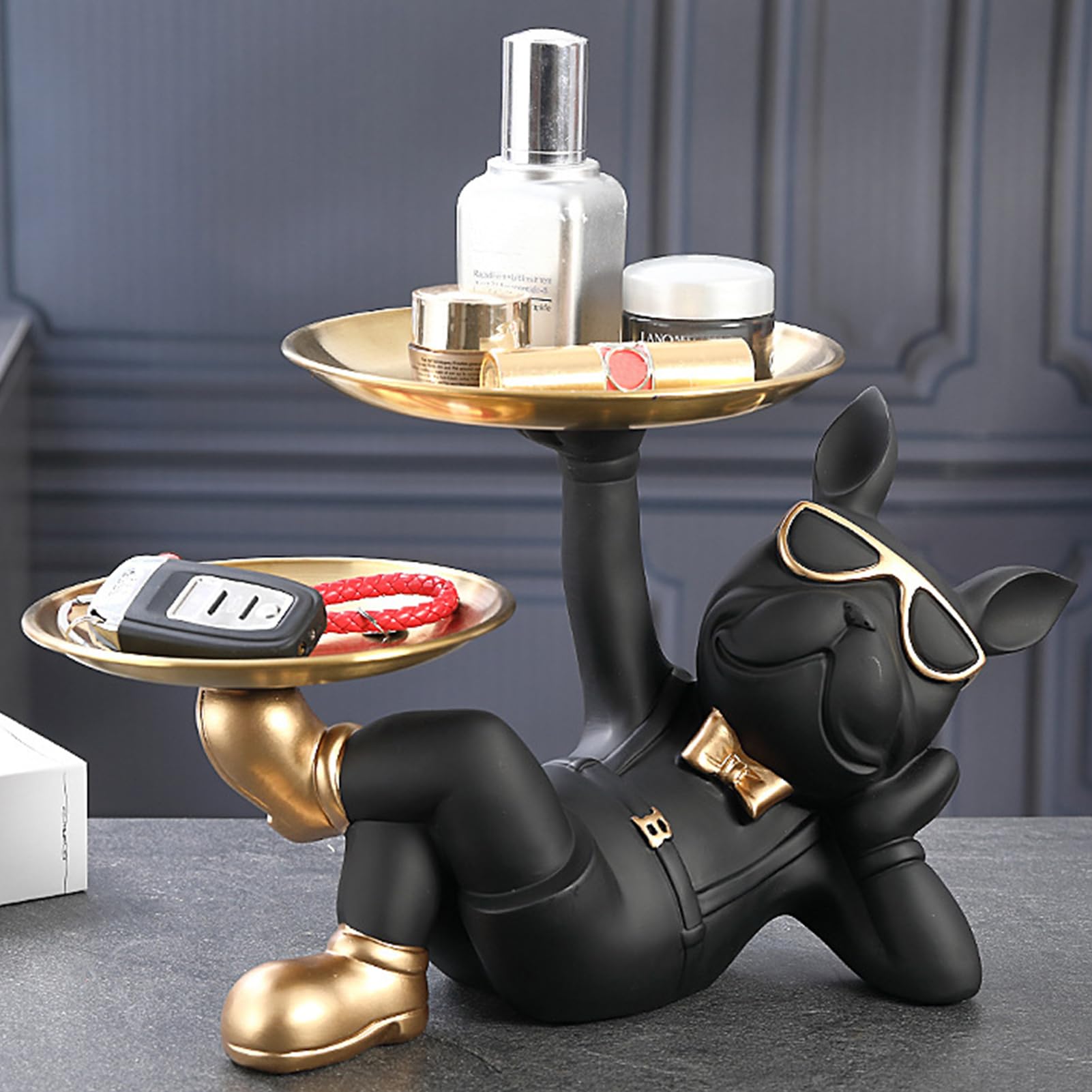 Bandeja llavero Bulldog - Soporte decorativo de metal resina, elegante organizador para el hogar 33x19,5x20 cm, diseño auspicioso para perros, práctico accesorio de escritorio, solución única pe