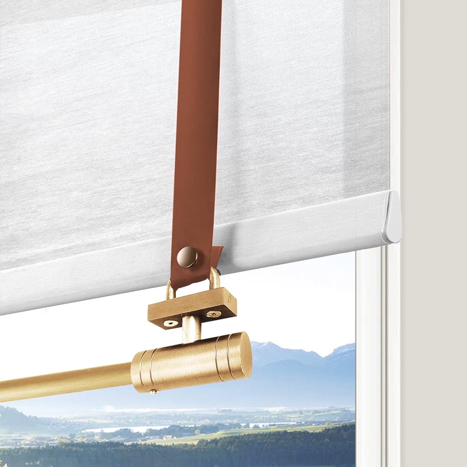 Linen Cordless Roman Window Shades, White Coffee Leather with Gold Bar Light Filtering Customized Window Roman Blinds, Roman Shades for Windows, French Doors, Doors, Kitchen Windows