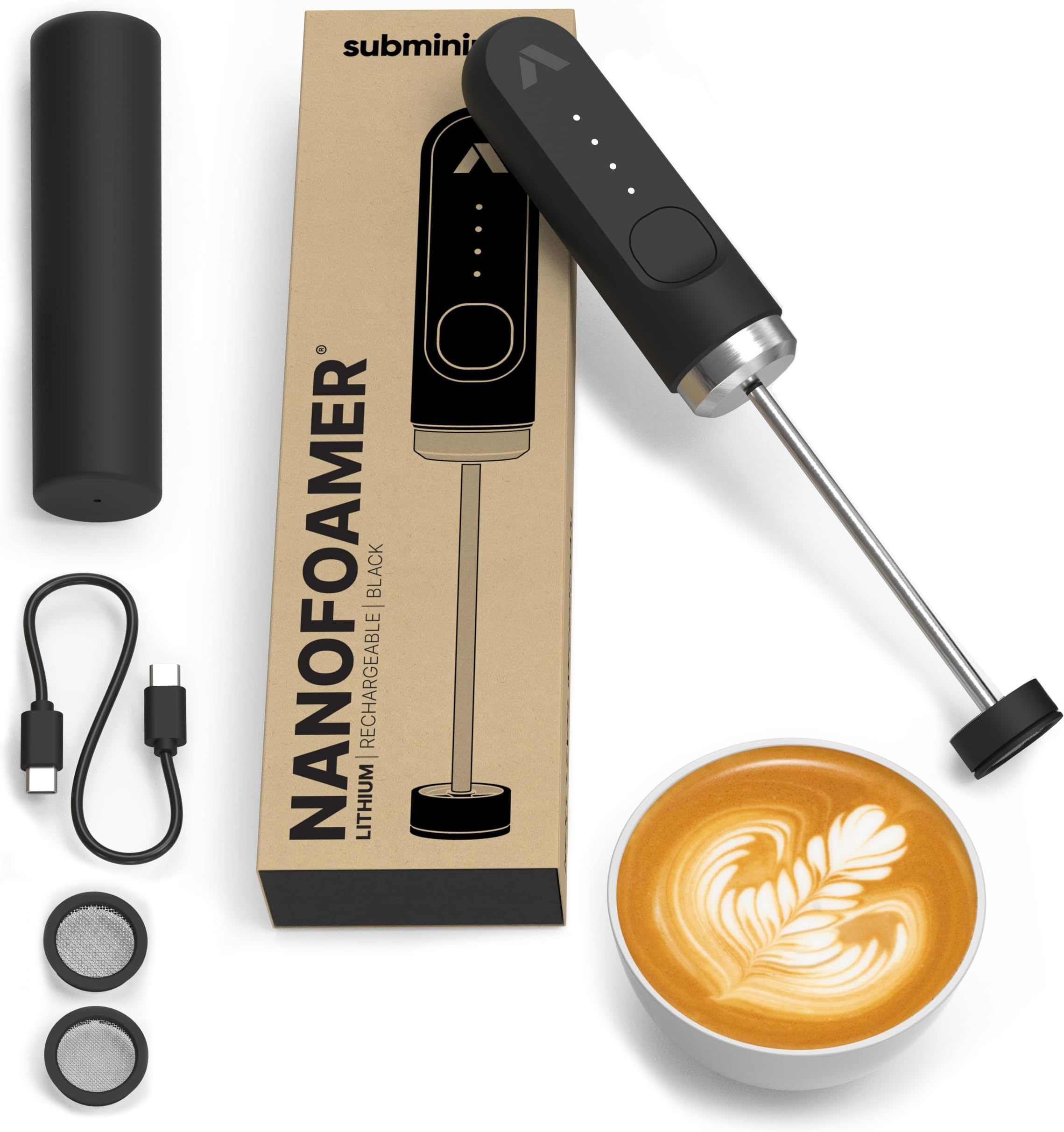 Subminimal NanoFoamer Lithium Performance Milk Frother | USB-C Rechargeable IP4 Waterproof Dual-Speed Stainless Steel | Delivers Premium Micro-Foam Milk in 30 Seconds Barista Style Coffee Drink