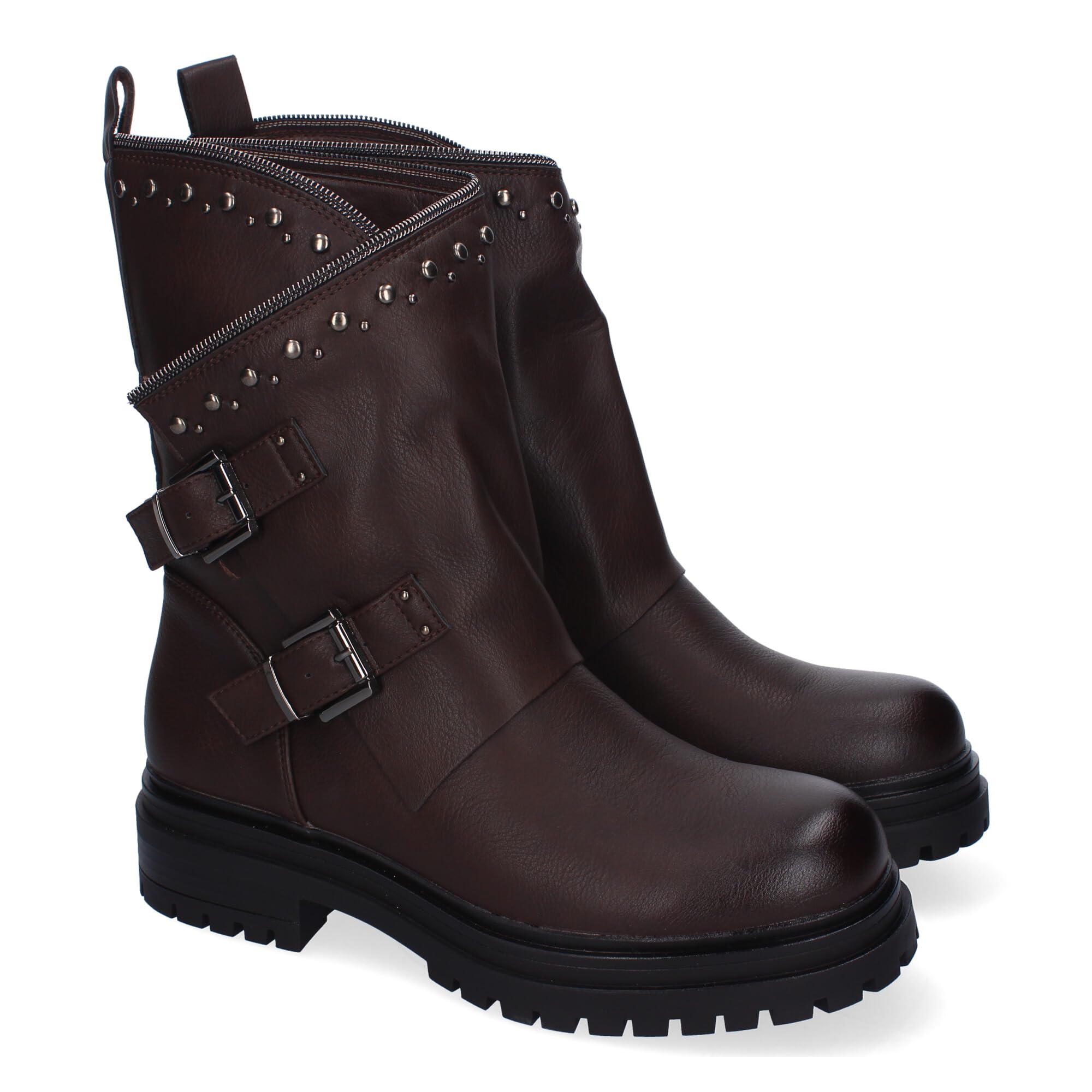 Botas de Mujer con Tachuelas, Estilo Motero, Suela Dentada, Diseno Moderno, Adorno de Cremallera en la Cana y Hebillas Decorativas, Cierre de Cremallera.