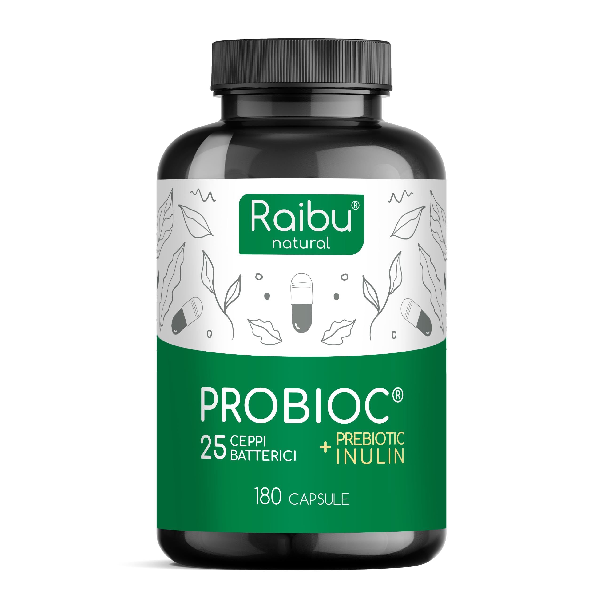 Probiotici Fermenti Lattici per Intestino - 180 Capsule, 25 Ceppi Batterici con Inulina, 60 Miliardi UFC - Resistenti ai Succhi Gastrici, Alta Dosaggio & Inclusi Lactobacillus e Bifidobatteri - Raibu