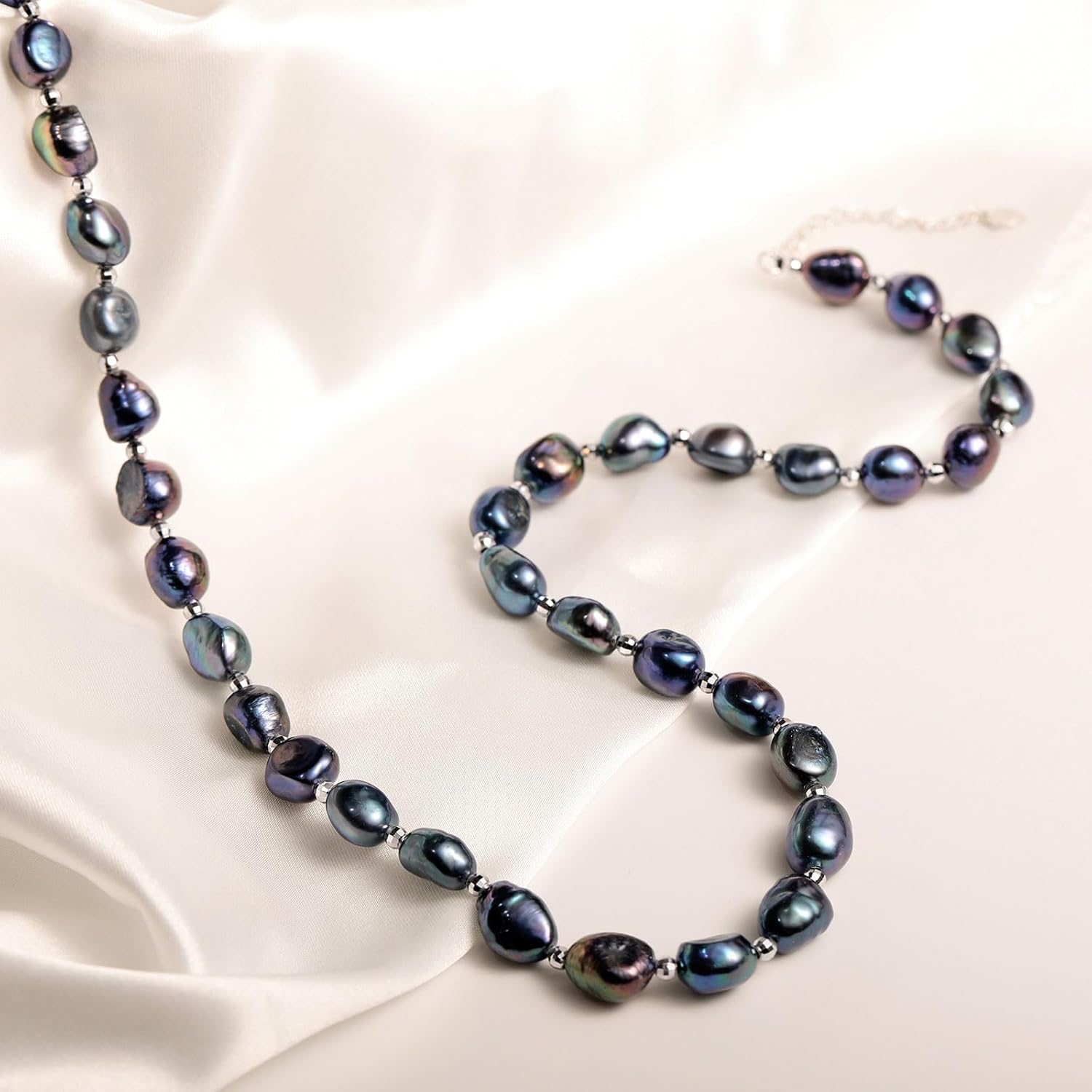 Freshwater Baroque Pearl Necklace for Women | 9-10mm Natural White Pearls with Hand-Carved 925 Sterling Silver Beads | Organic Luxury Jewelry Gifts for Birthday/Anniversary/Wedding