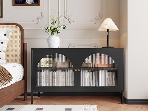 Miniatura 23 de Armario de almacenamiento de metal, gabinete de acento de 2 puertas, soporte de TV con puertas y estante ajustable, armario de metal para bufé