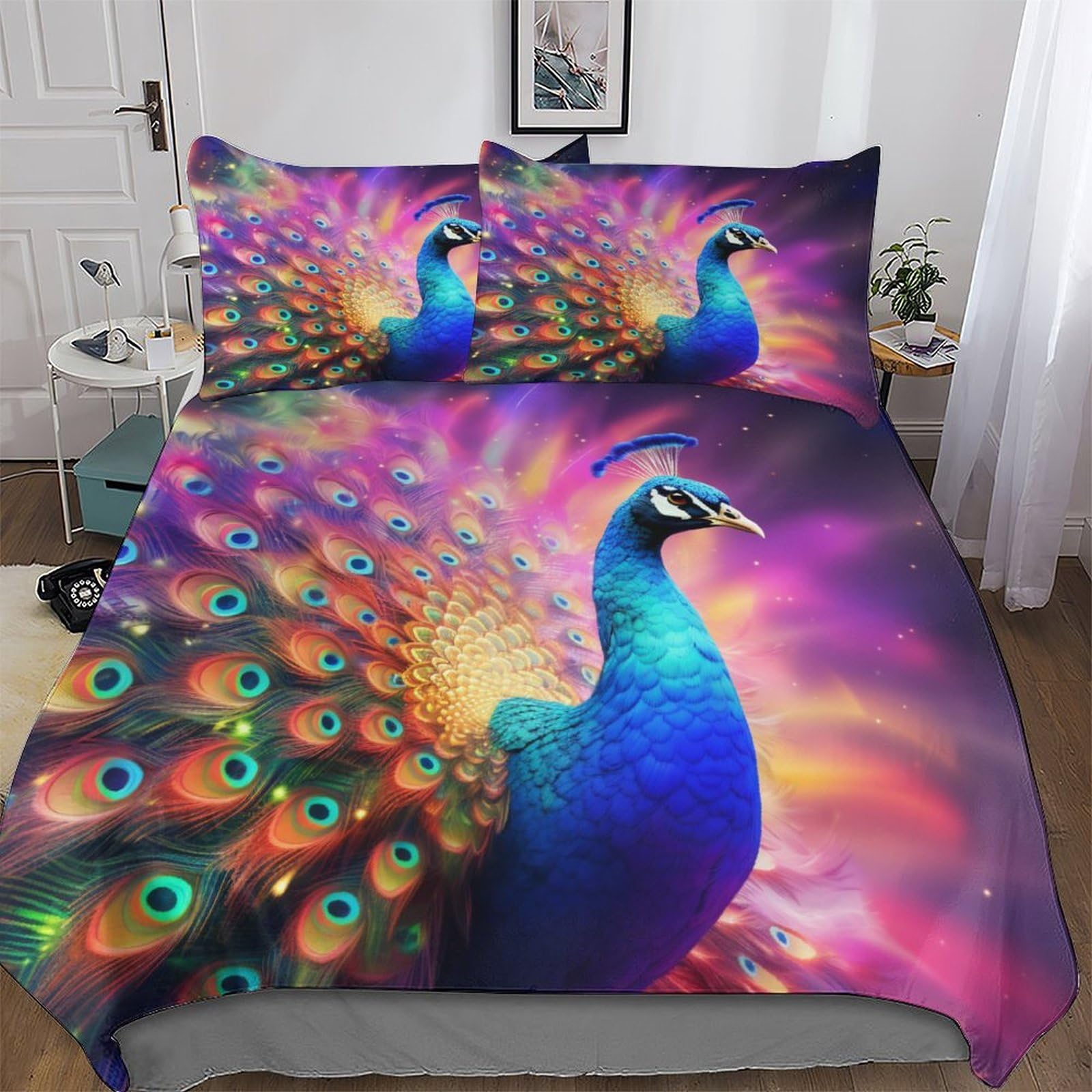Housse de couette paon 3D ultra douce et hypoallergénique, parure 3 pièces King 220x240