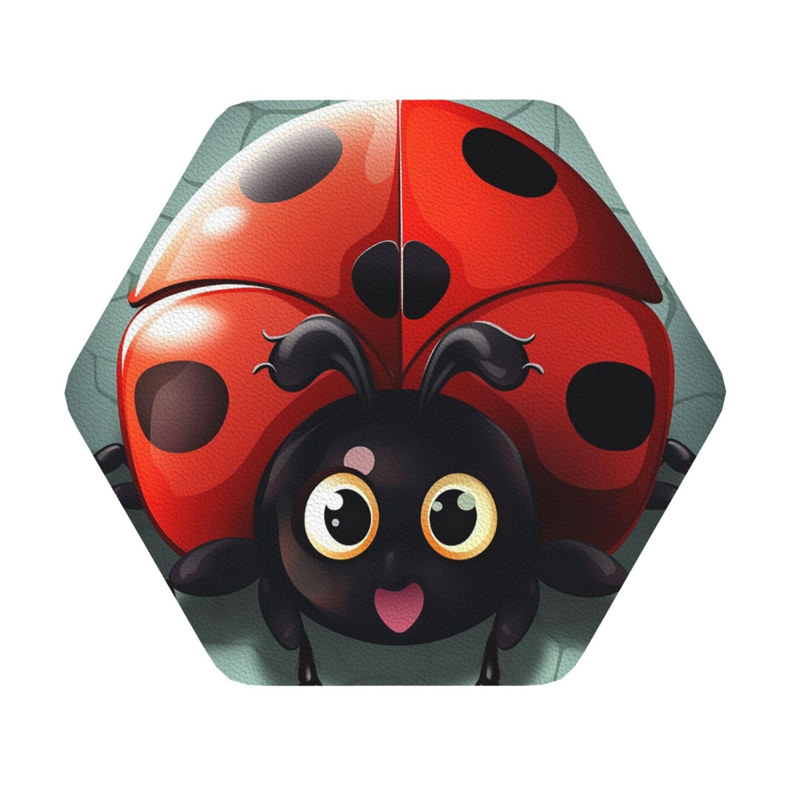 Fodpand Hexagon Cartoon Ladybug Drink Coasters Set Of 4, Heat Resistant Leather Coasters Fuuny Bar Beer Beverage Coaster For Drinks, Absorbent Cup Mat For Tabletop Protection, Housewarming Gift