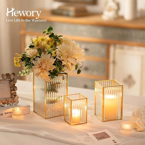 Miniatura 2 de Hewory Portavelas dorado de huracán 3 portavelas de vidrio de huracán acanalado para velas de pilar, portavelas de pilar cuadrado para centro de