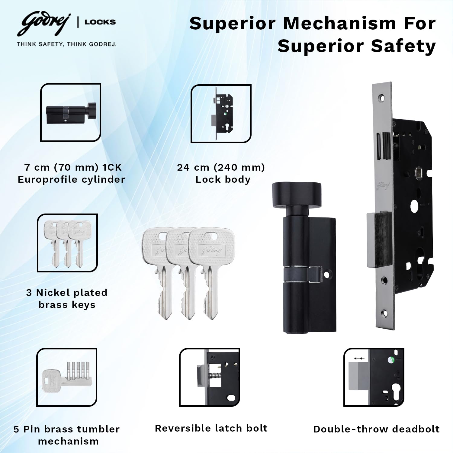 Godrej Mortise Lock | Handle Lock Set for Main & Internal Doors | NEH 20 Home Décor Handle | Matte Black Finish | 9 Inch Lockbody | 70mm 1CK Cylinder Knob from Inside Key Outside | 3 Keys 1