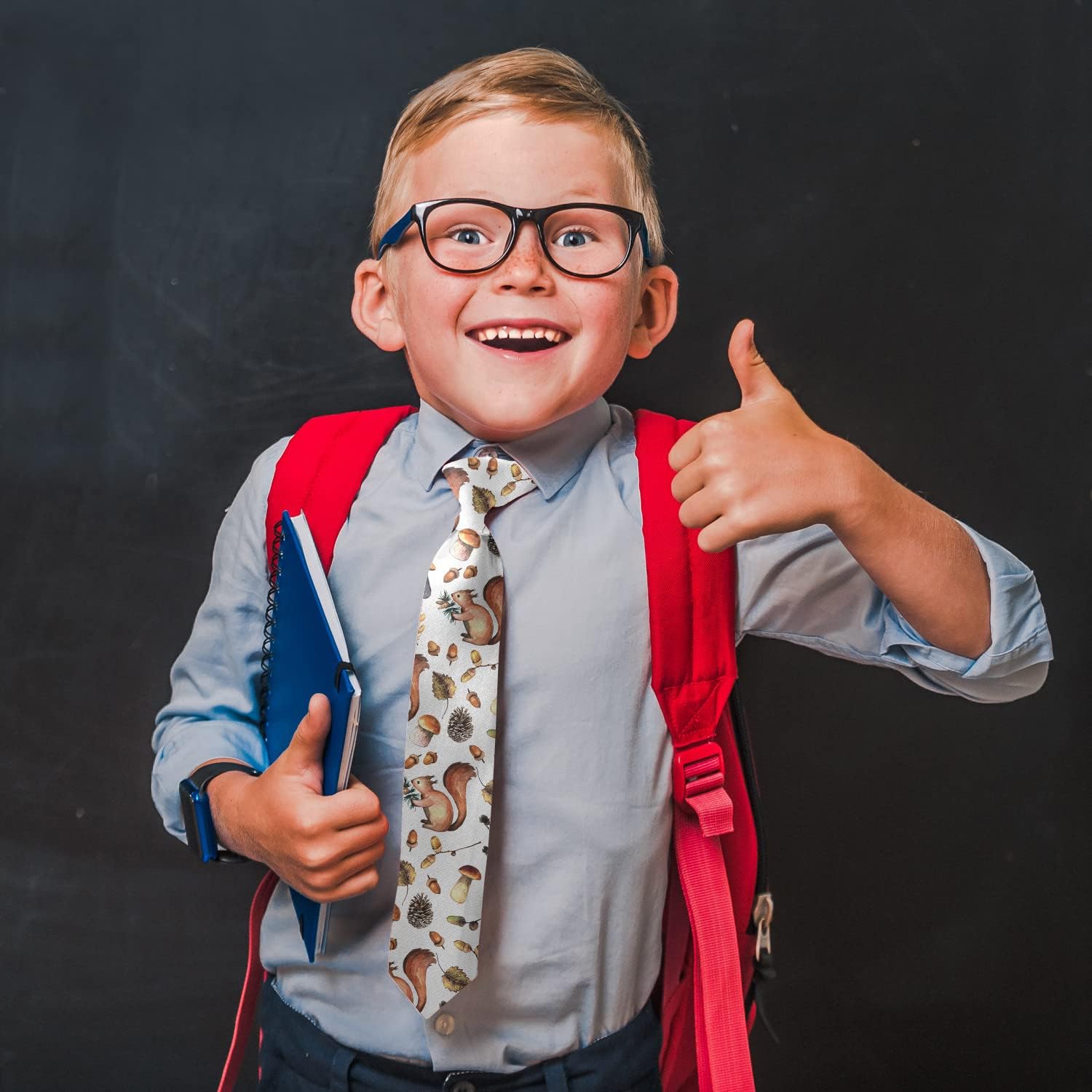Toddler Size (Watercolor Autumn Forest Squirrels) Pre-Tied Adjustable Novelty Necktie, Fashion Conversational Neck Strap Ties for Boys and Children, for Wedding Parties Events