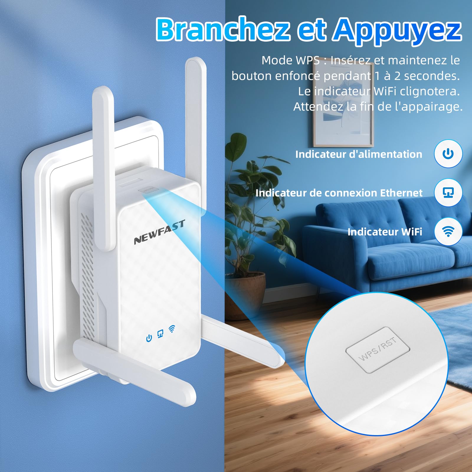 NEWFAST Répéteur WiFi 6 NF-RE556, Amplificateur WiFi Puissant AX3000 Mbps,Port Ethernet Gigabit, 2402Mbps 5GHz & 574Mbps 2.4GHz Repetiteur WiFi Compatible avec Toutes Les Box Internet, 4 Antennas