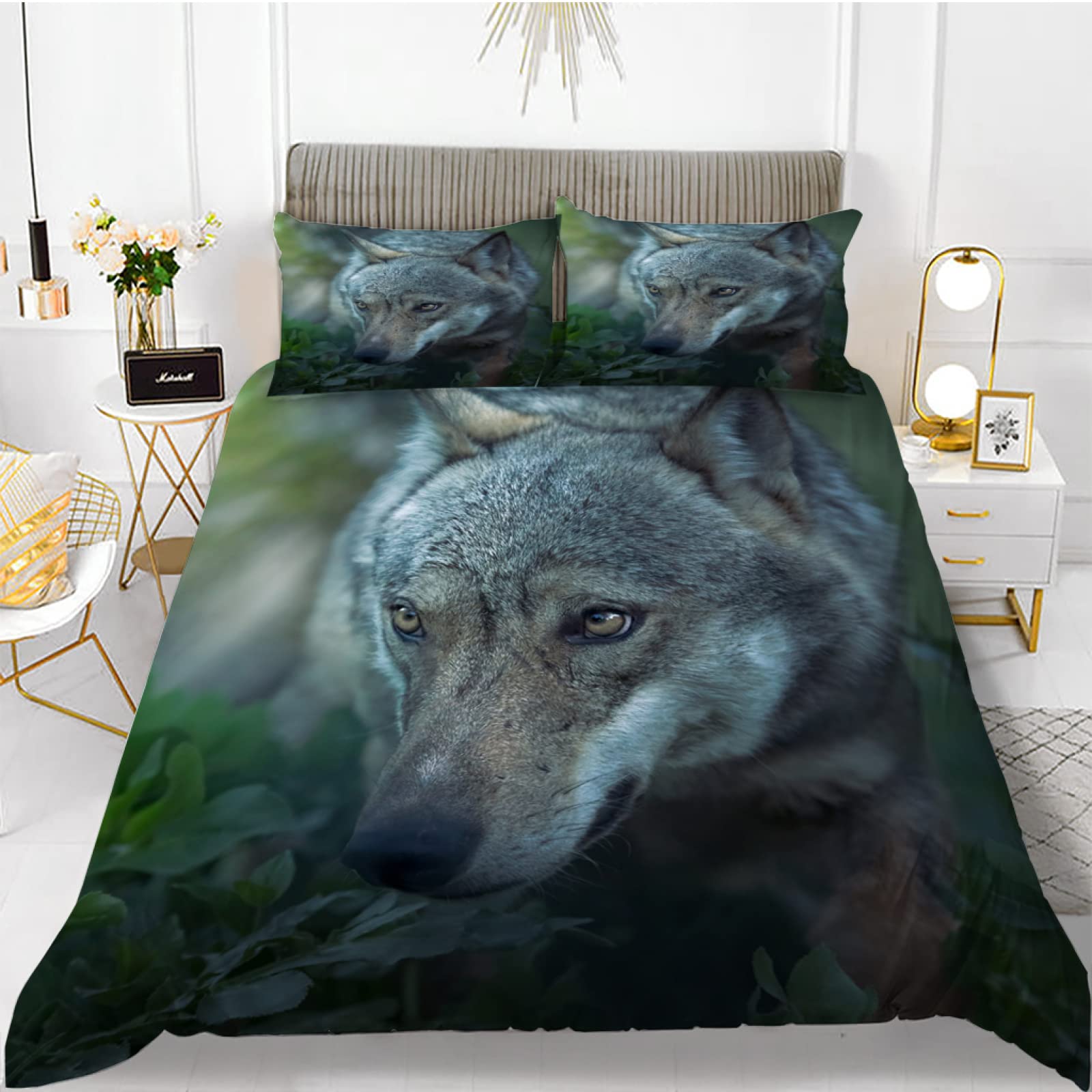 Parure de lit 90x190 enfant loup vert avec housse de couette 110g/㎡ pour garçon et fille