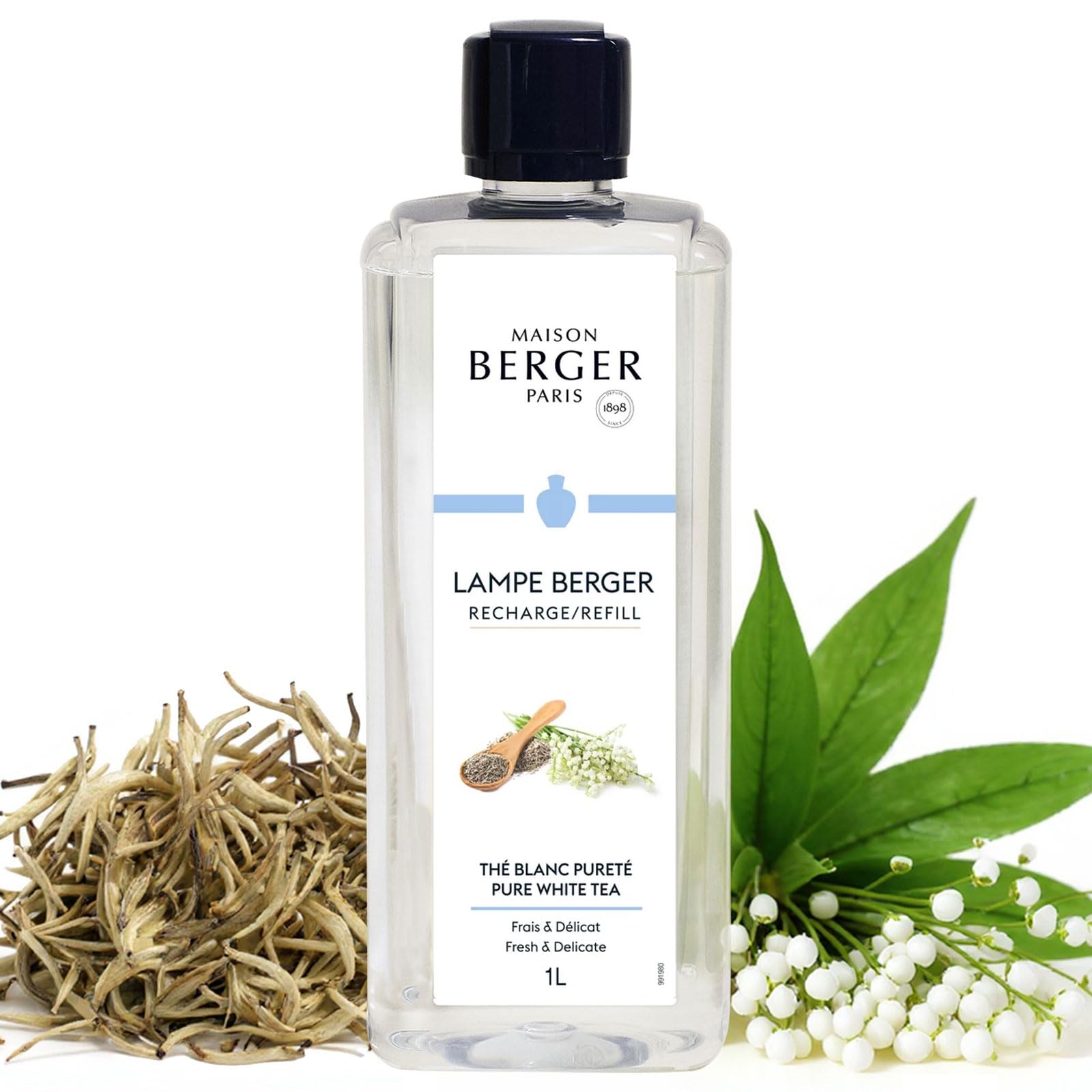 MAISON BERGER Pure White Tea Lamp Berger Fragrance Refill, 1 Liter – 2-in-1 Catalytic System, Neutralizes Odours Then Diffuses Fragrance, White Tea and Citrus with Subtle Musk and Woods