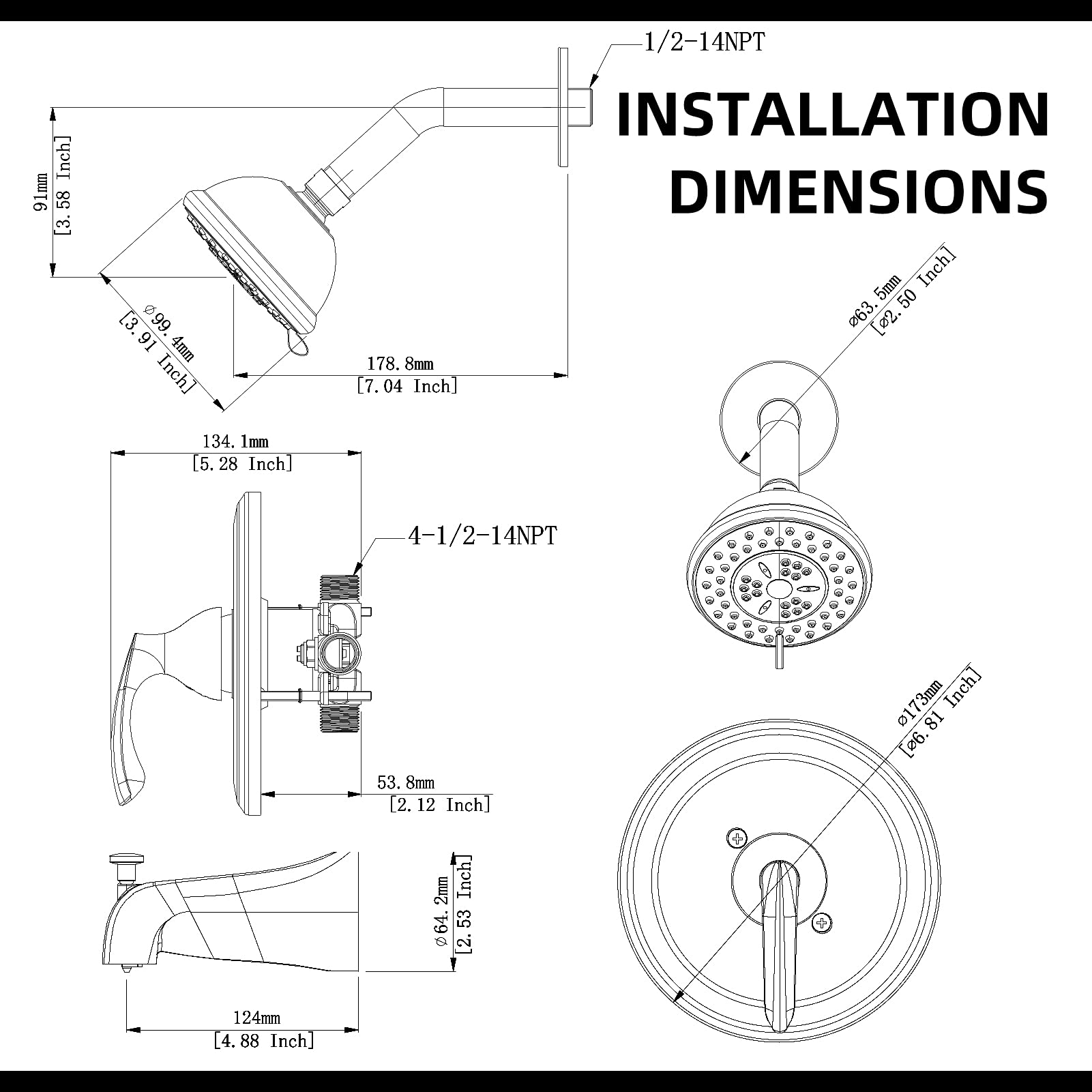 NEWATER Shower Faucet Set with Tub Spout, Dual Function Shower Trim Kit