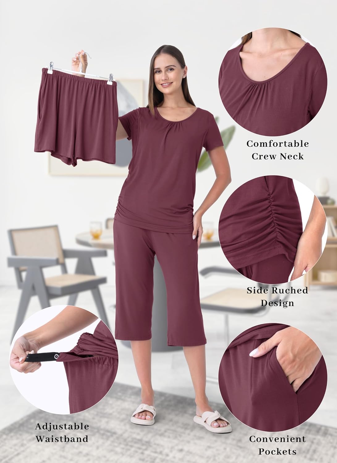 3 Piece Nursing Pajamas Set for Women Breastfeeding Shirts Pjs Postpartum Shorts&Capri Pants Pockets - Image 6