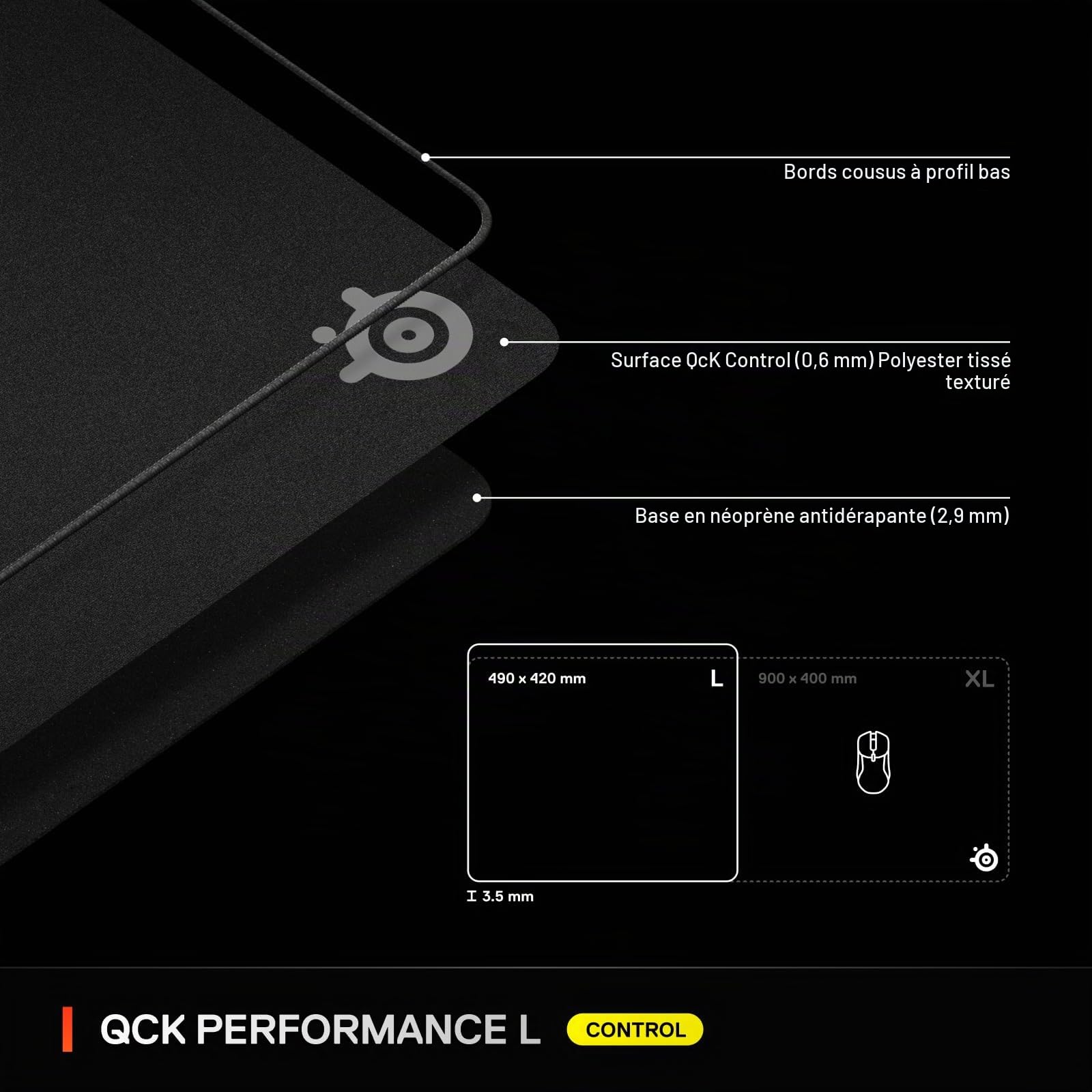 SteelSeries QcK L Performance Control Tapis de Souris de Jeu – Densité supplémentaire pour Une Glisse Fluide – Coutures discrètes – Base en Caoutchouc néoprène antidérapant – 42 x 49 cm – FPS, MOBAs,