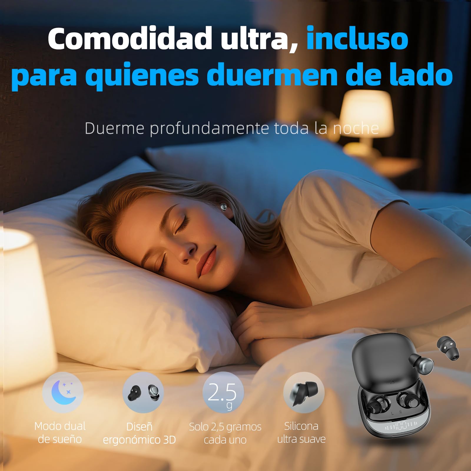 Auriculares para Dormir Auriculares Inalámbricos Bluetooth 5.4 Lado, 6 EQ | Mini Auriculares con LED, Doble Modo Sueño 40H, Diseño Cómodo Sleep Earbuds para Descanso, Viajes y Uso Nocturno