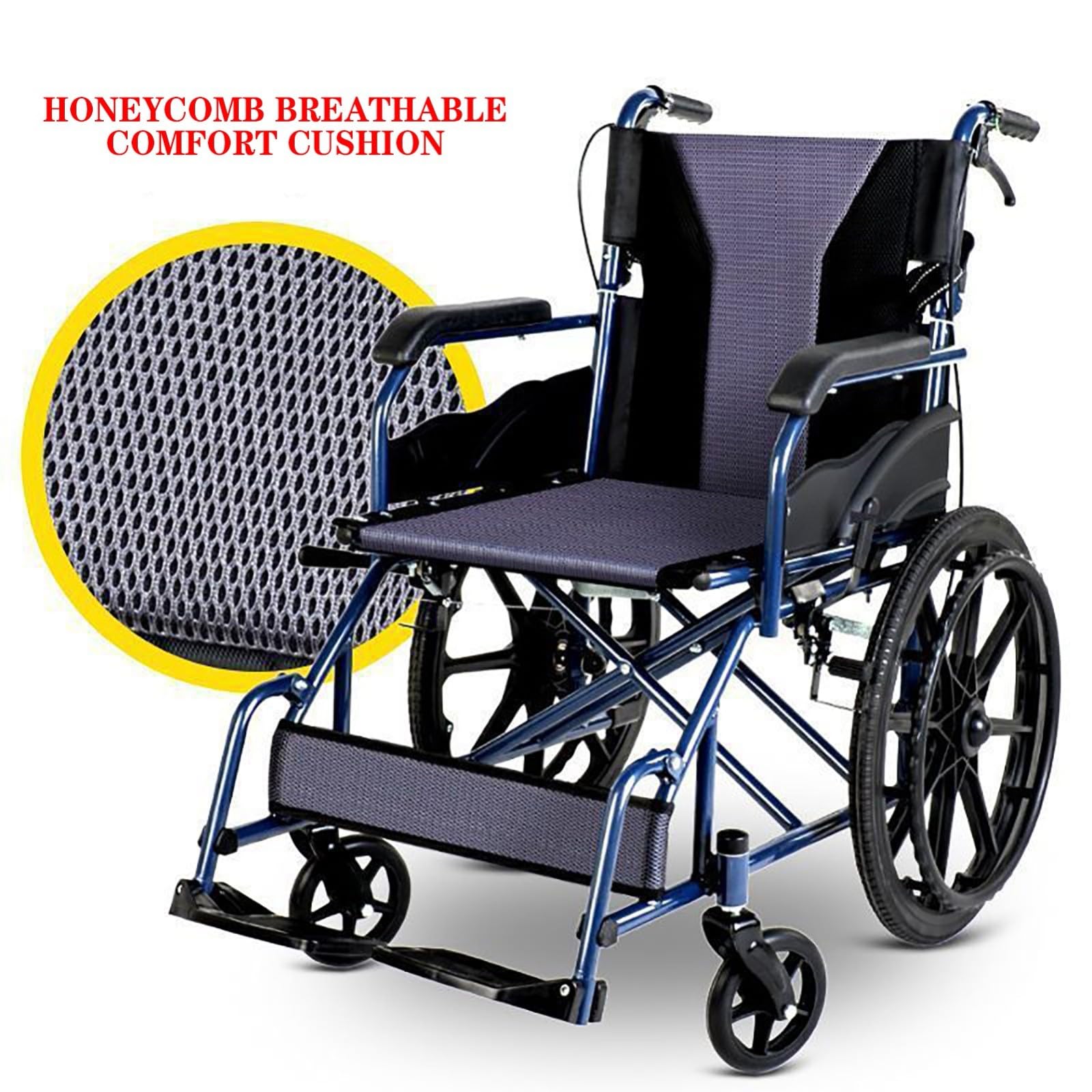Silla De Ruedas Para Adultos Autopropulsada, Silla De Ruedas Plegable Ligera, Silla De Ruedas De Aluminio Con Cinturón De Seguridad Para Personas Mayores, Ayuda Para La Movilidad, Max 100 Kg blue