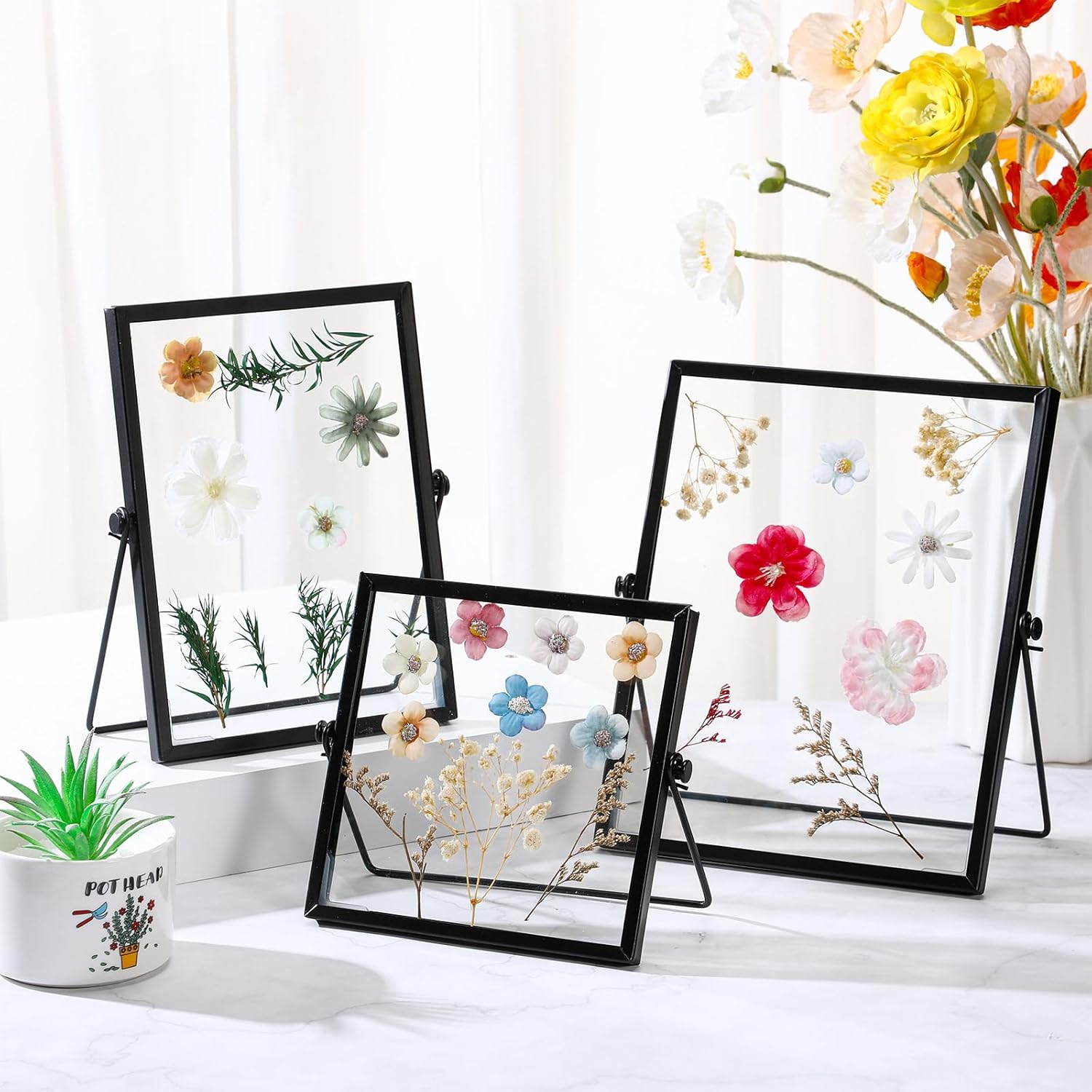 Amyhill Set of 6 Metal Picture Frames Vintage Minimal Ornate Floating Frames 4, 6, 7 Inches Photo Antique Easel Stand Vertical Glass Holder for Pictures Photos Desk Tabletop Display(Black) - Image 5