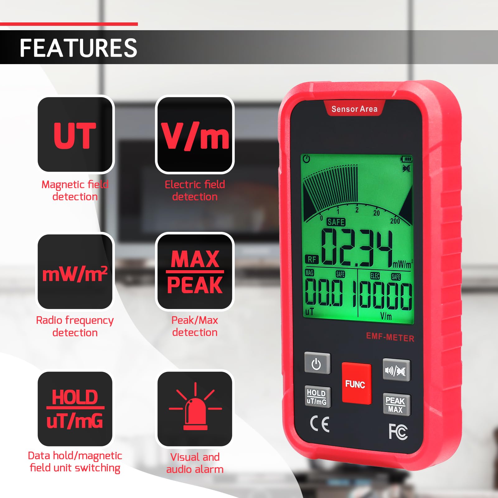 EMF Meter Digital 3in1 Elektrosmog Messgerät misst EF, RF, MF und WiFi Signal Wiederaufladbarer RF Detektor mit 3-Farben Hintergrundbeleuchtung & Summer Handheld EMF Detektor für Geisterjagd, Haushalt
