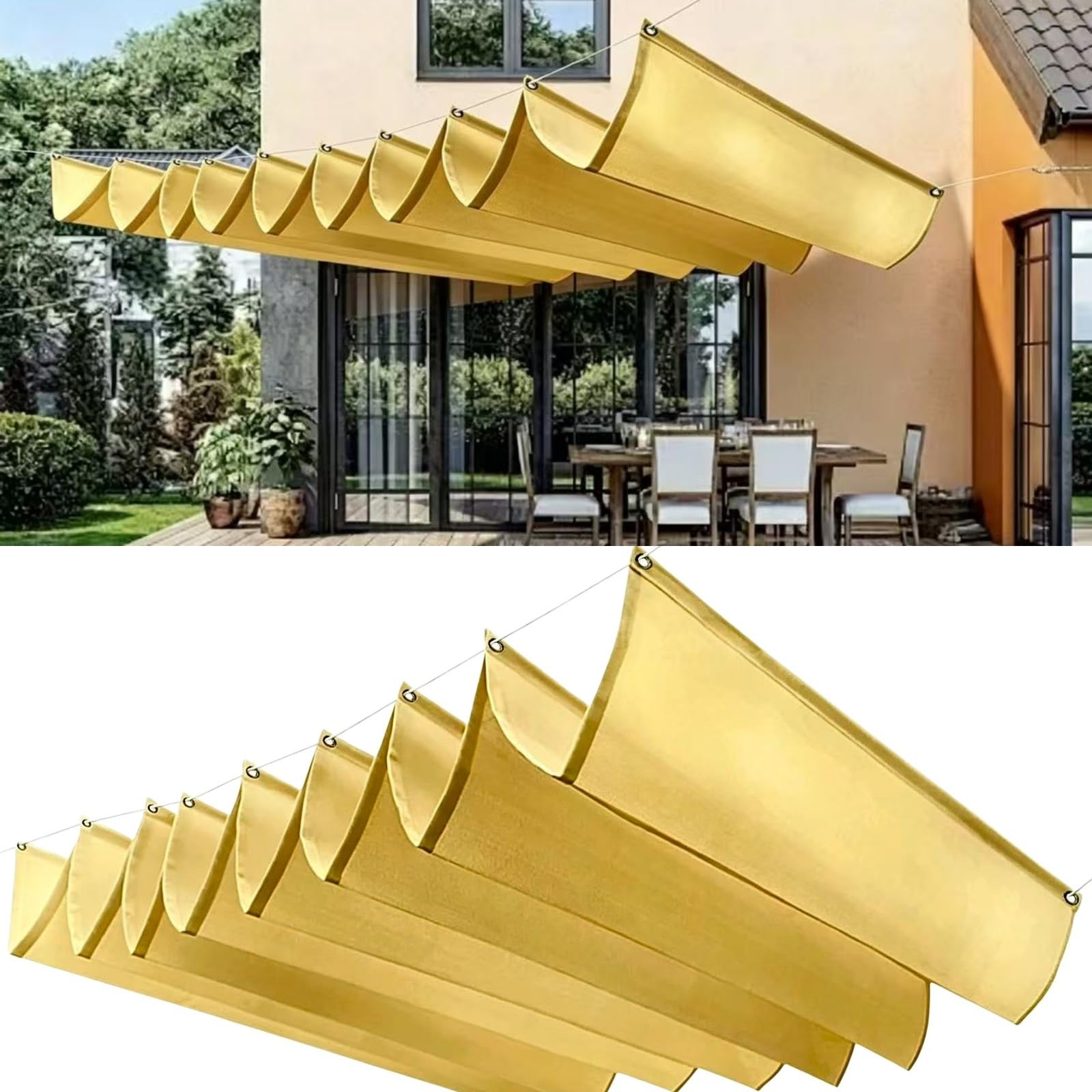 Wodoodporny Żagiel Przeciwsłoneczny 120x380cm Blokujący 98% UV Żagiel Przeciwsłoneczny Typu Wave Z Oczkami I Sznurkiem Do Ogrodu Zewnętrznego, Patio, Trawnika, Piaskowy żółty