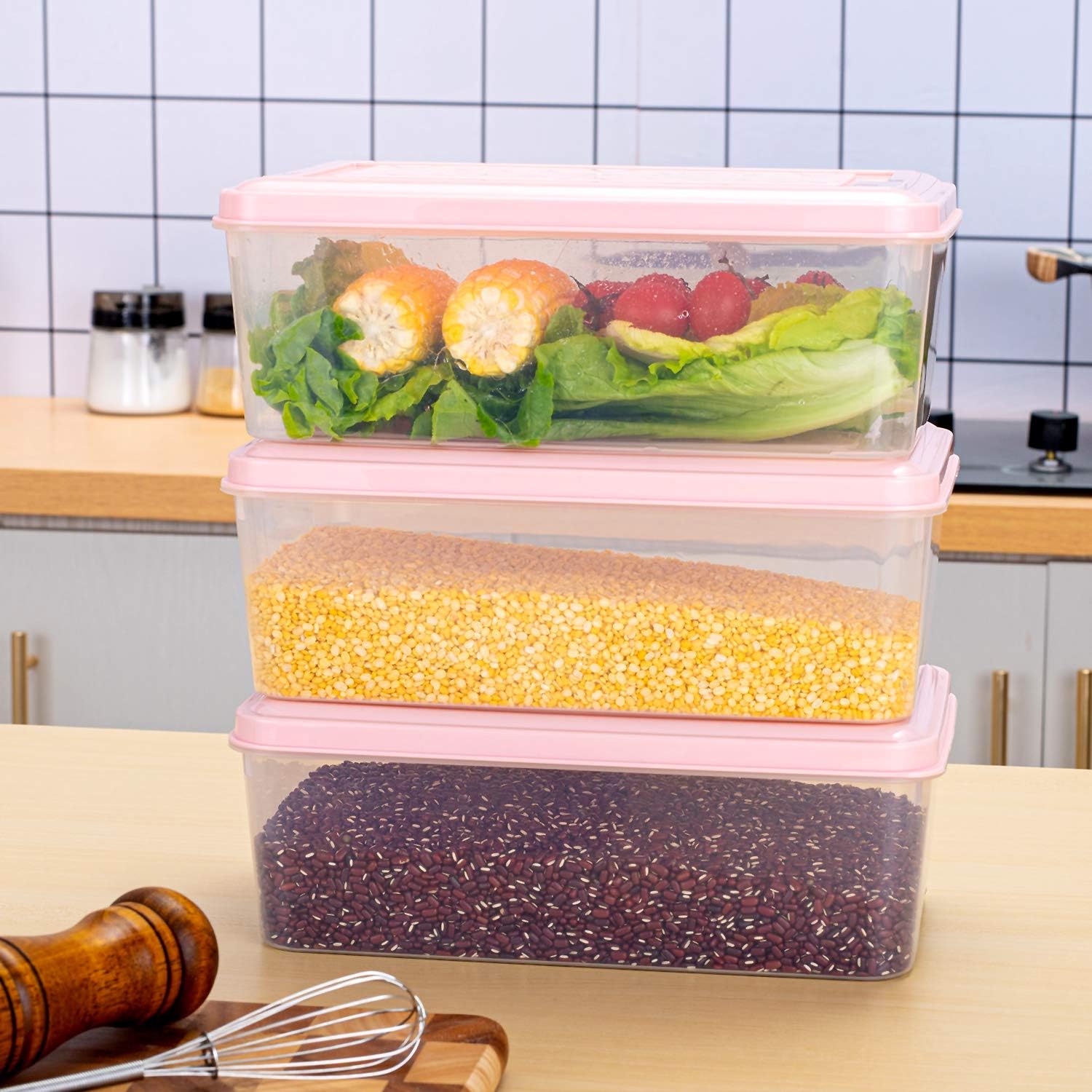 Plastic Storage Food Bins 2 Pack, 4.5 Quart Plastic Storage Containers with Lids, Stackable Plastic Organizer Boxs, Plastic Pantry Bins for Refrigerator, Freezer, Kitchen, Cabinets, Bedrooms（ Pink ）