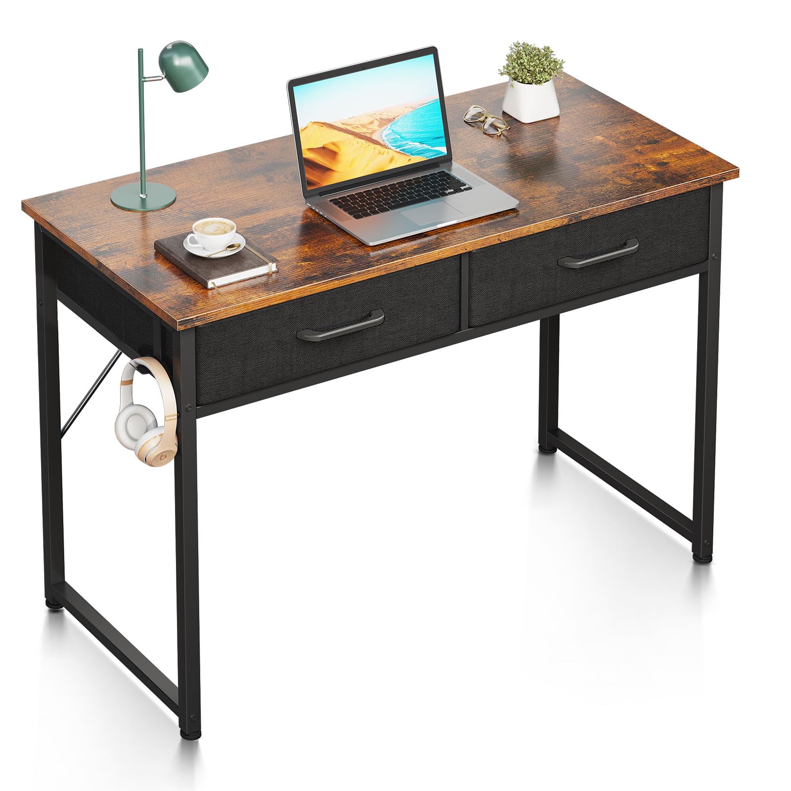 ODK Petit Bureau avec 2 Tiroirs, 100 x 40 x 78.7 cm, Marron | Bureau d'Ordinateur avec tiroirs en tissu, crochet casque et rangement pratique pour livres, accessoires et fournitures.