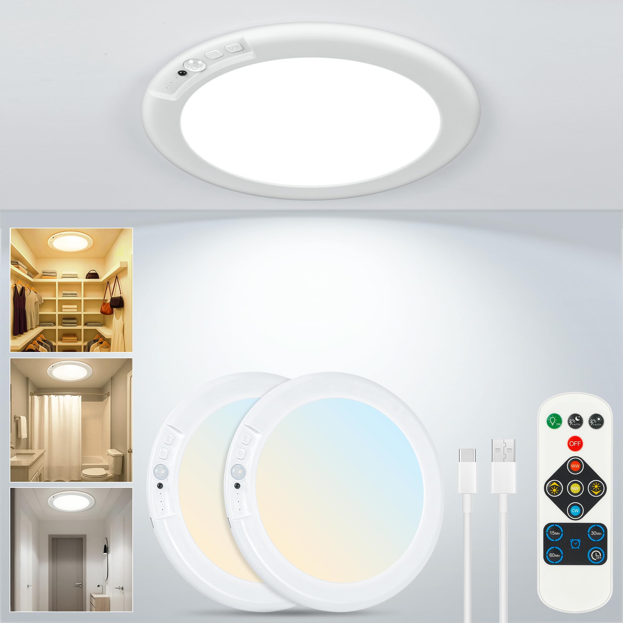 Photo 1 of ***USED*** Rodalims Rechargeable Ceiling Light No Wiring - Motion Sensor Night Light Indoor with Remote, Battery Operated Led Lights for Bedroom Hallway, Living Room, Bathroom, Home & Kitchen Decor Lighting (2)
