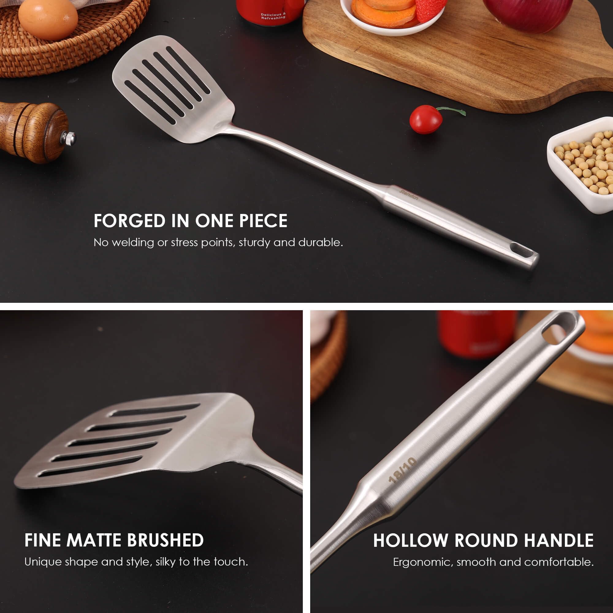 Juego de utensilios de cocina de acero inoxidable 18/10, utensilios de cocina de metal de 15 pulgadas con soporte giratorio para encimera, espátula, cucharón, espumadera, espátula ranurada, pasta,