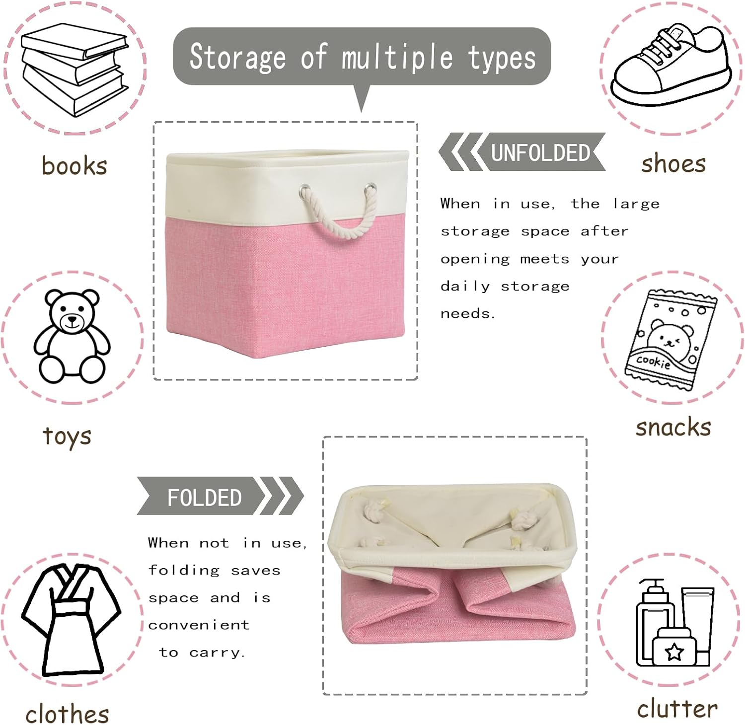 13 Inch Cube Storage Bins[6 Pack],Fabric Storage Cubes with Rope Handles, Eco-Friendly Linen Collapsible Organizers for Closet, Nursery, Toys, Office, Bathroom – Dual Color Design.(White&Pink)