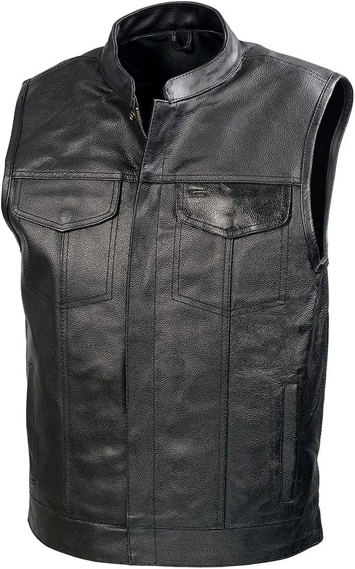 SOA Mens Leather Club Style Vest W/Concealed Gun Pockets, Cowhide Leather Biker Vest, Single Panel Back (Black XL) SOA Mens Leather Club Style Vest W/Concealed Gun Pockets, Cowhide Leather Biker Vest, Single Panel Back (Black XL)