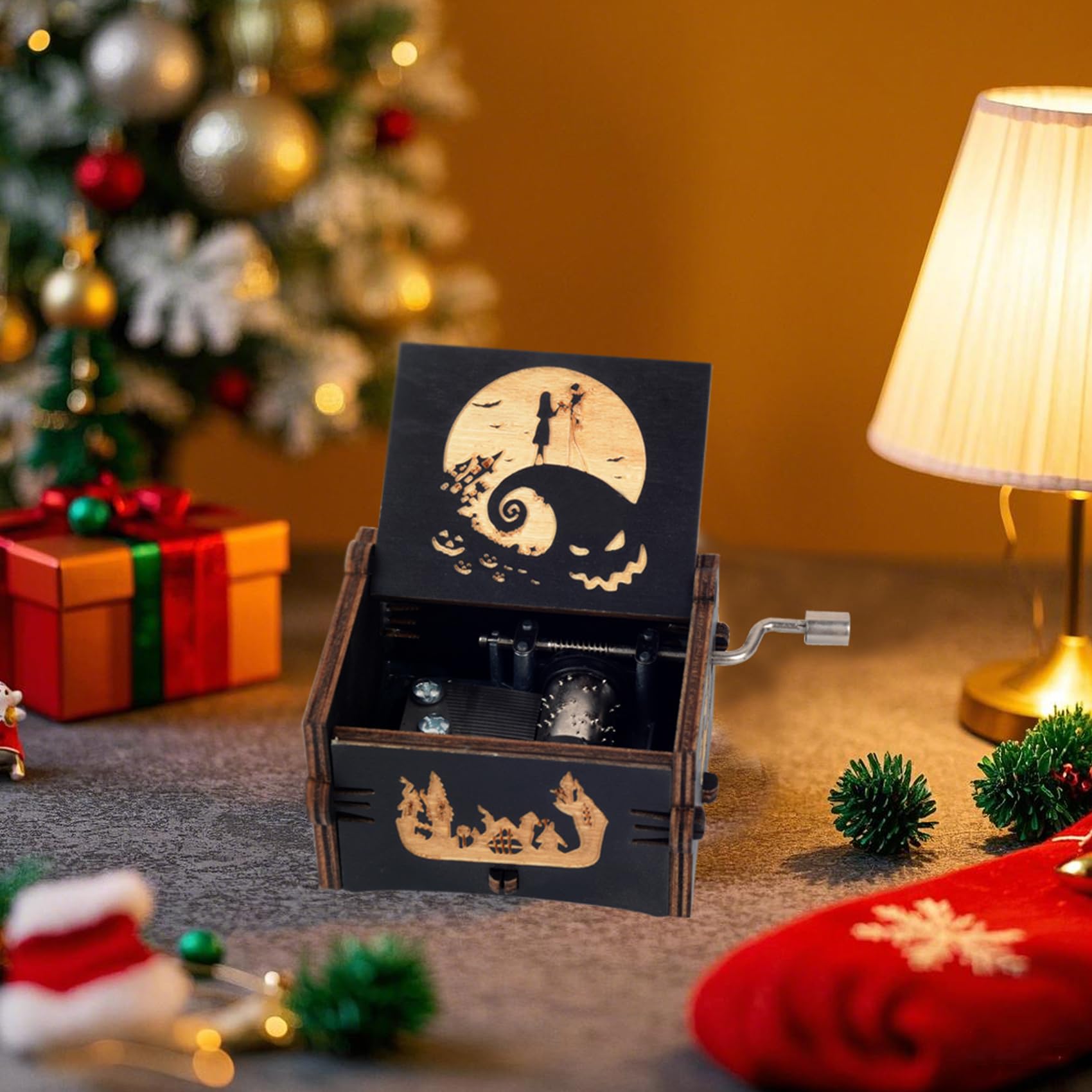 Bonita caja de música de madera con manivela, regalo de melodía de Halloween para Halloween, Navidad, día de San Valentín, cumpleaños, decoración del hogar, color negro