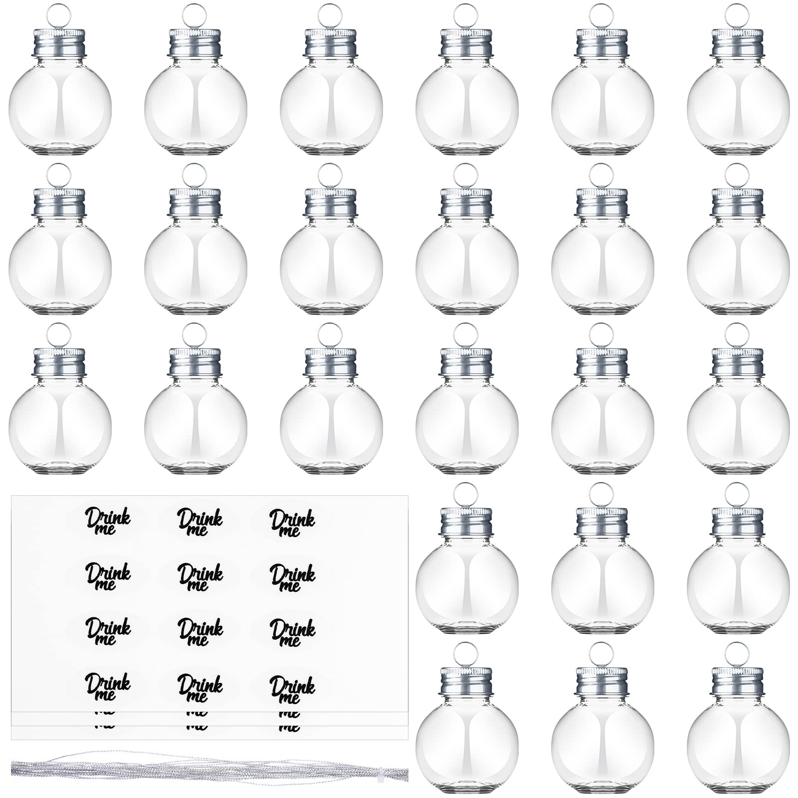 24 Pieces Christmas Booze Balls Fillable Booze Tree Ornaments Clear Plastic Round Christmas Ornaments Pendant Ball with Stickers for Holiday Wedding Party Decor, Silver