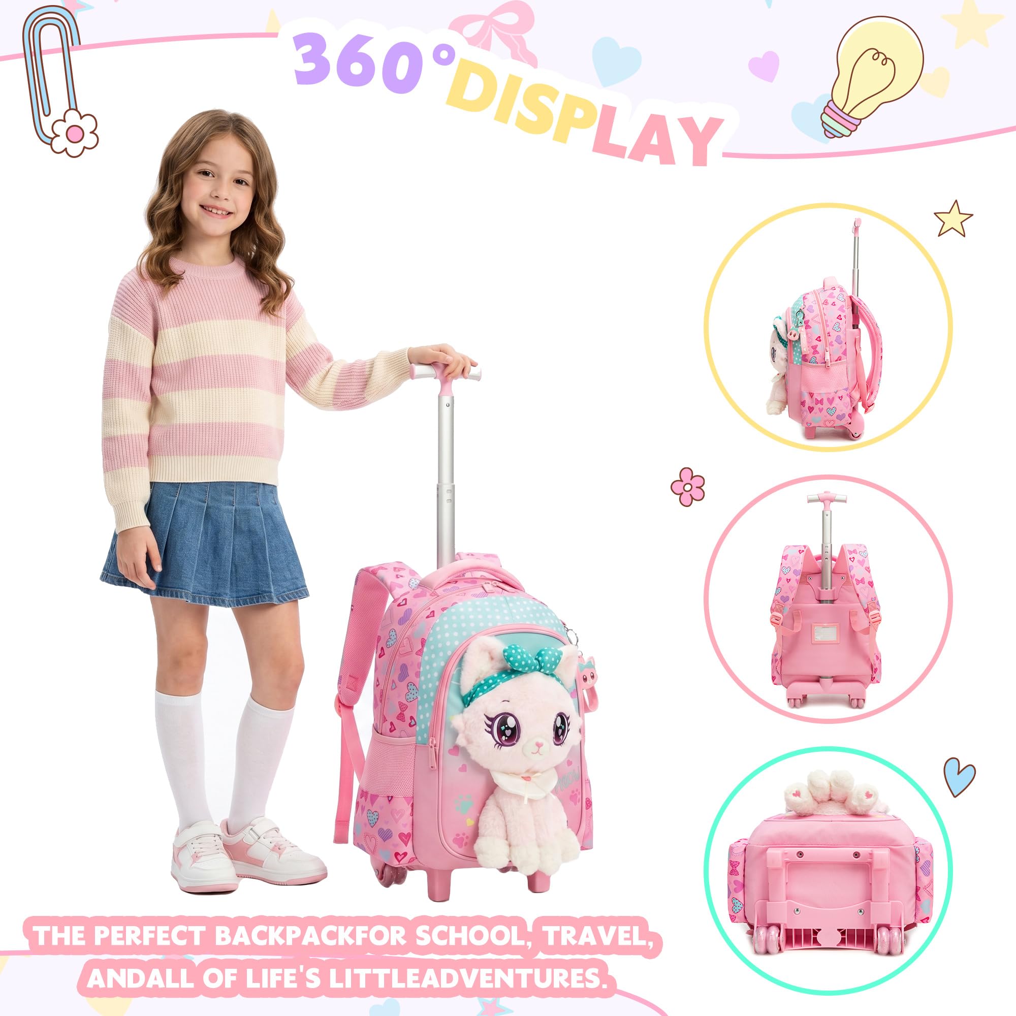 HTgroce Schulrucksack Trolley Mädchen (Süße Katze) – Schulranzen mit Rollen & Kinderkoffer – Schultasche für Grundschule (1. & 2. Klasse) & Reisen