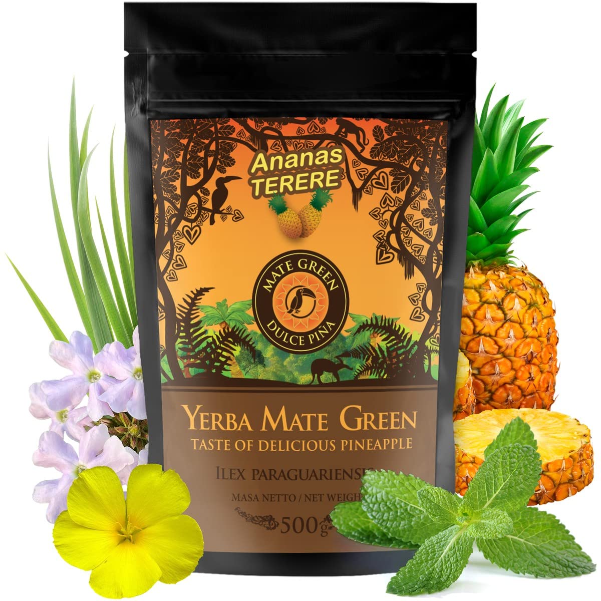 Mate Tee Green Tropical Set| Mate-Tee Mango Tropicales mit Mago| Yerba Mate-Tee Dulce Pina mit Ananas| Keramik Mate Tee Becher Tasse und Stahl Trinkhalm |Mehrfrüchte mate tee loose leaf 1kg