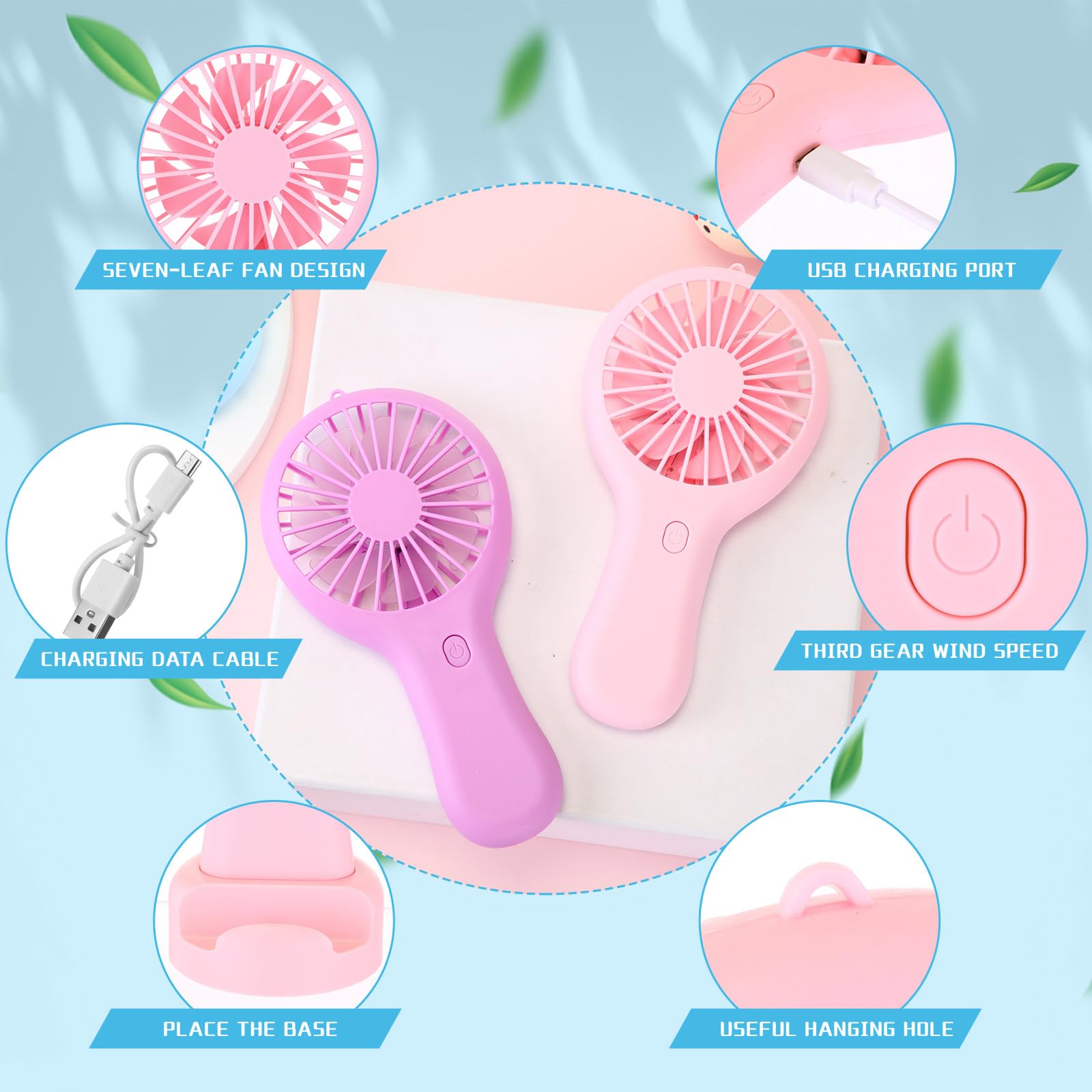 Woanger Mini potente ventilador de mano a granel de 3 velocidades recargable por USB, pequeño ventilador de escritorio, regalo de verano para bodas, playa, al aire libre, pestañas para mujeres (blanco