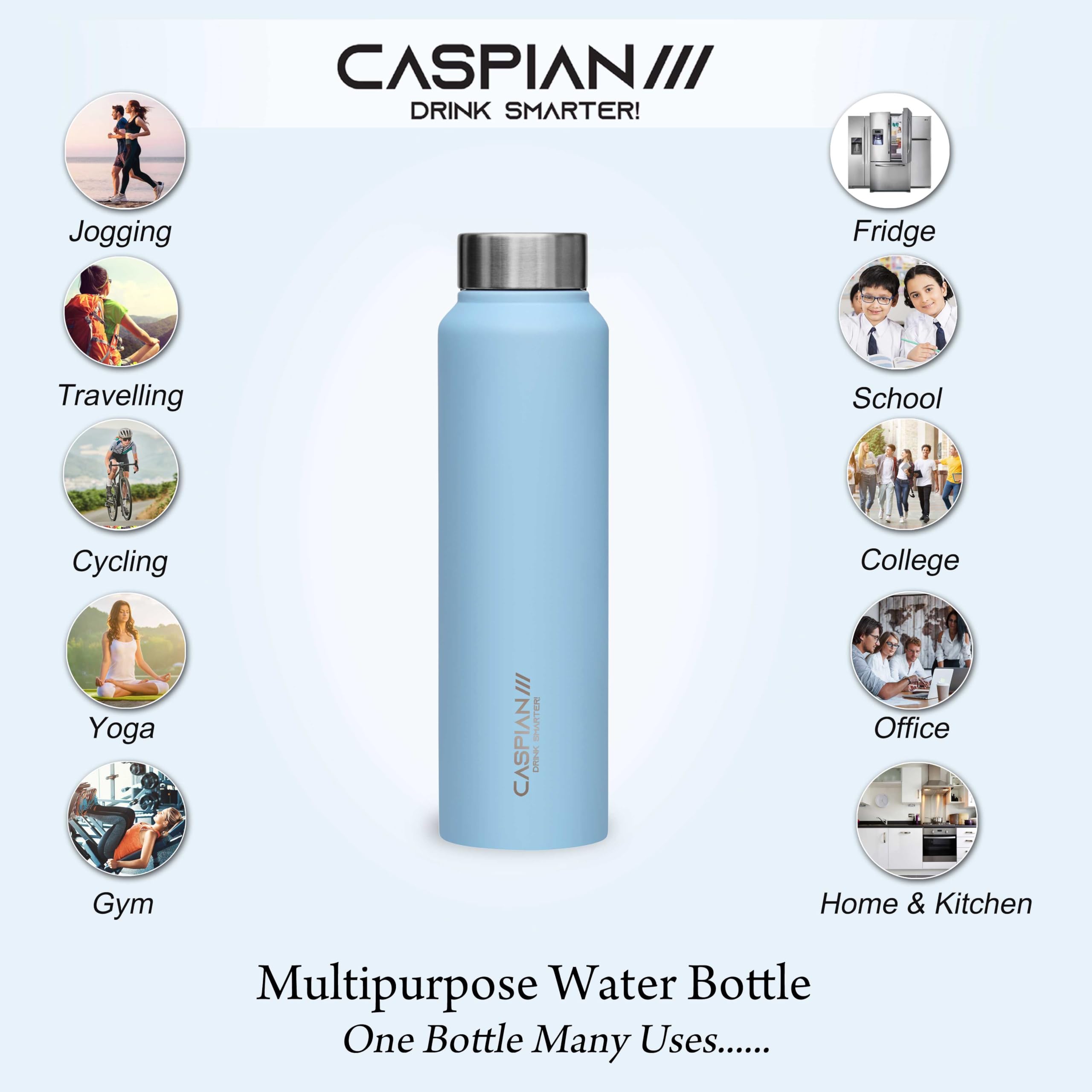 CASPIAN /// Astra Stainless Steel Water Bottle (Sky Blue, 1 Litre, Set of 1)| Leak Proof Thunder for Fridge Home Office Travel School Kids Boys Girls Adults Sports Gym Yoga 4