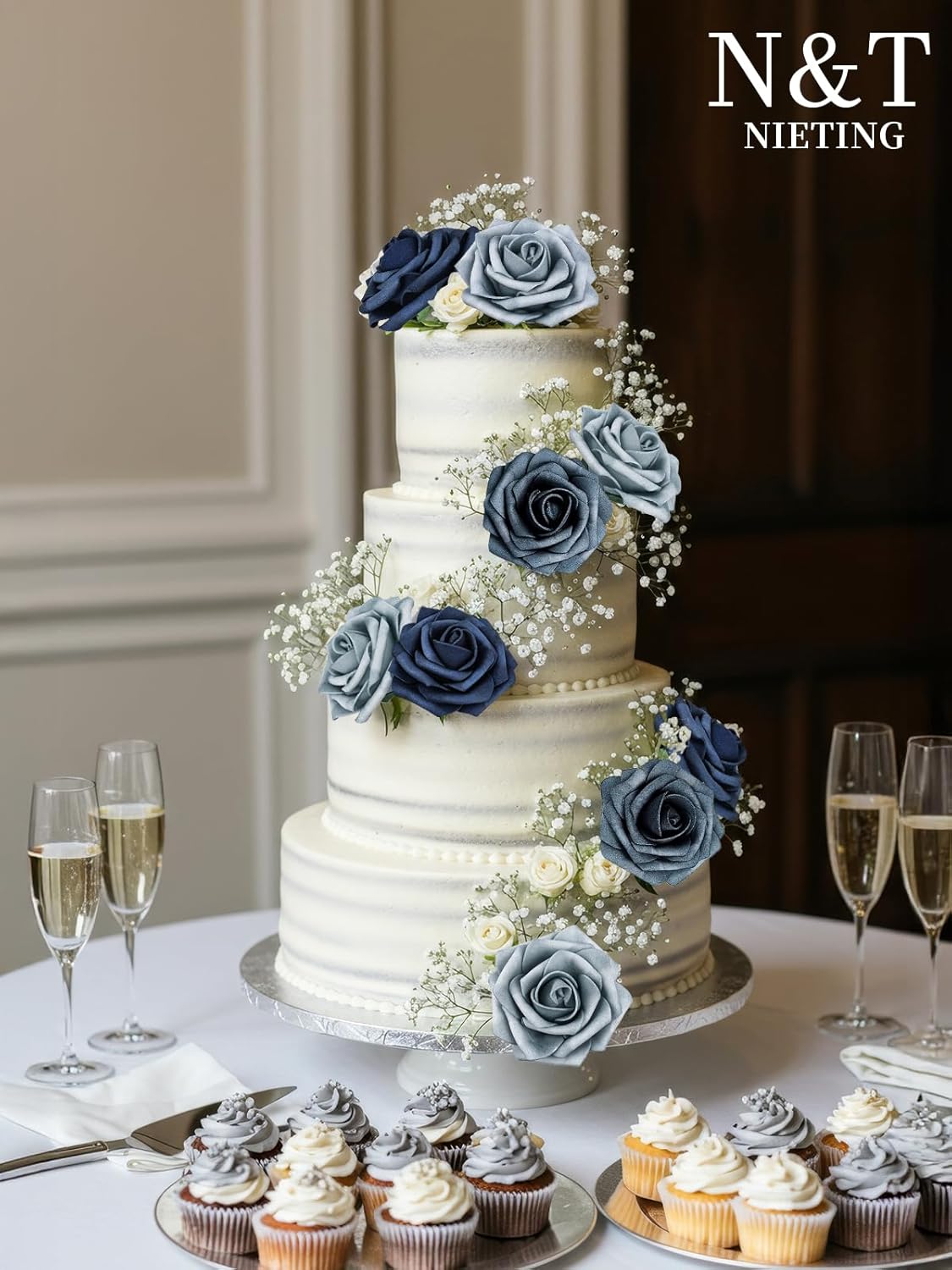 N&T NIETING Fake Roses,25pcs Artificial Flowers Dusty Blue Fake Roses Faux Flowers Fake Flowers for DIY Wedding Bouquets Centerpieces Floral Arrangements Home Decorations Shades of Navy Blue - Image 4