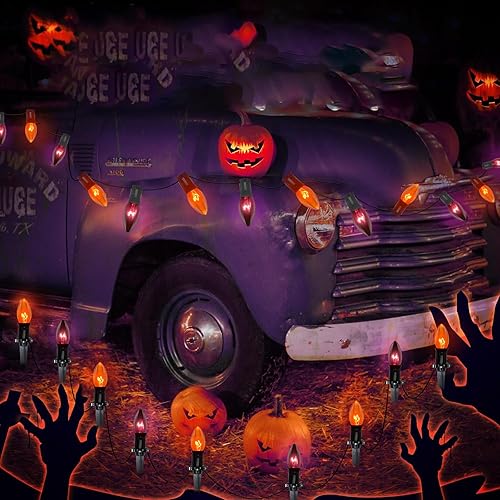 Miniatura 4 de Luces de camino de Halloween para exteriores, luces de estaca C9 de 19.5 pies con 10 bombillas C9 transparentes naranja y negro, tira de luces