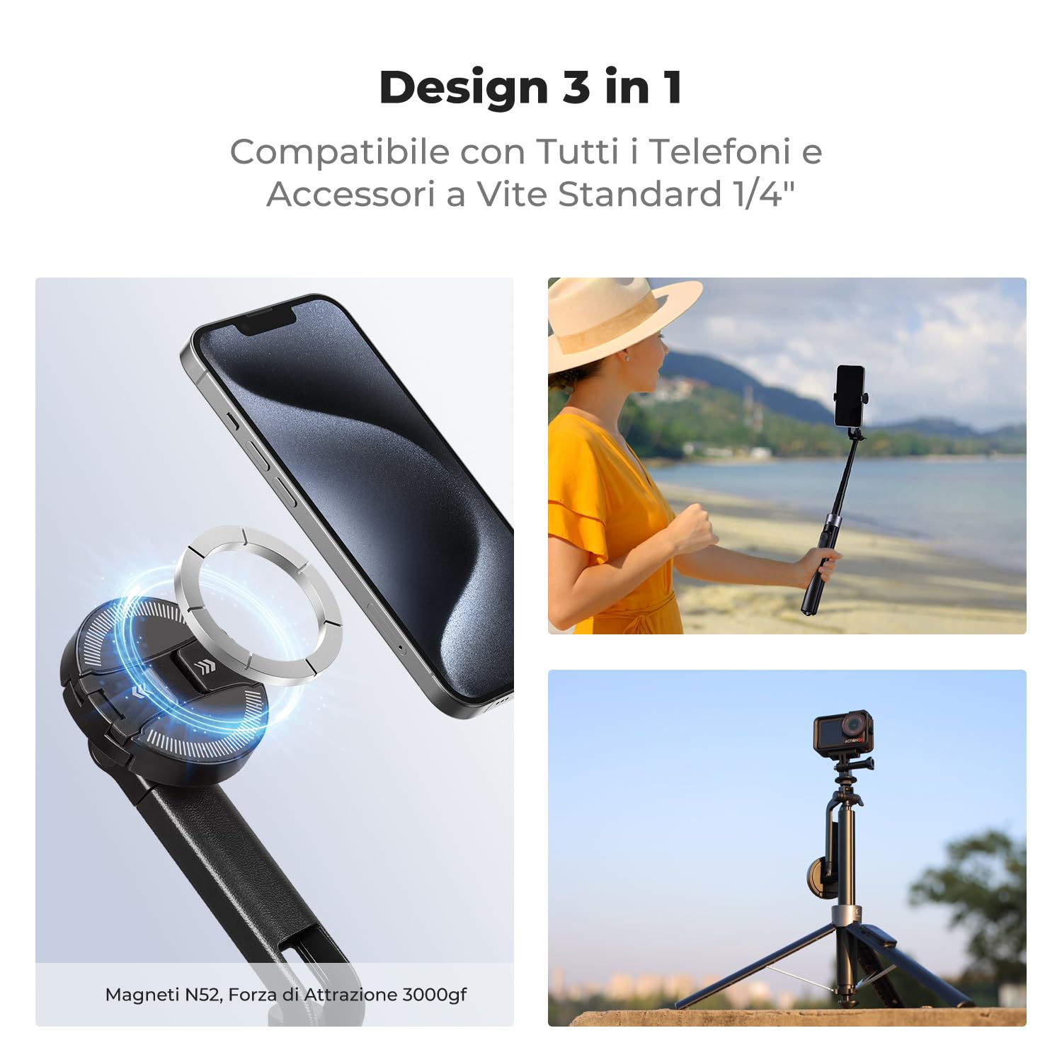 K&F CONCEPT TF08 72" Treppiede iPhone, Adatto per DJI OSMO POCKET 4&3, 3-in-1 Selfie Stick Magnetico+Clip con Telecomando, Rotazione 360°, Compatibile iPhone 17-12/Android, Vite 1/4", Insta360 X5/X4