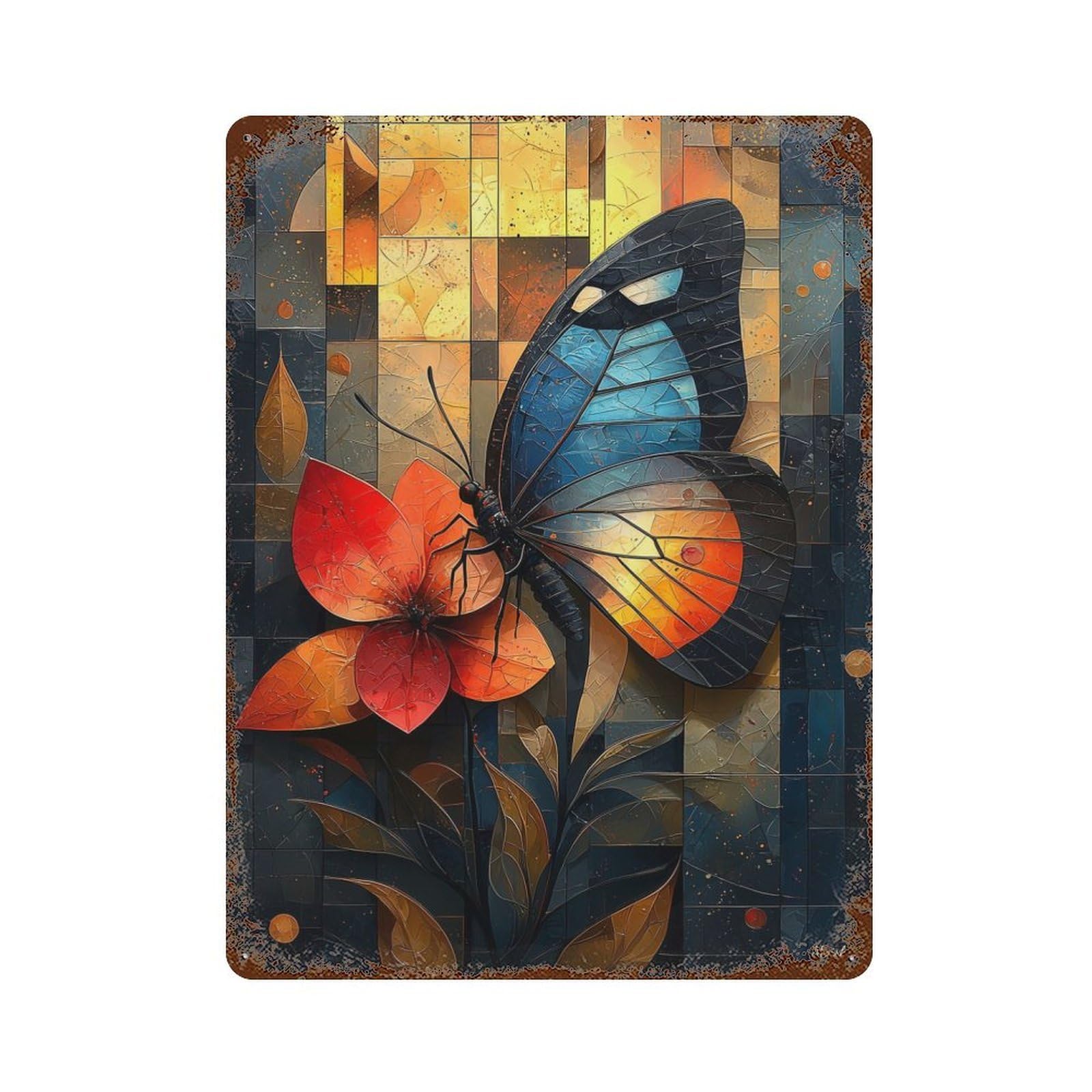 Rust Effect Stained Glass Butterfly on A Vibrant Flower Rusty Metal Tin Sign 15.7"x11.8", Farmhouse Wall Decor for Shed, Workshop And Garage Wall Decor