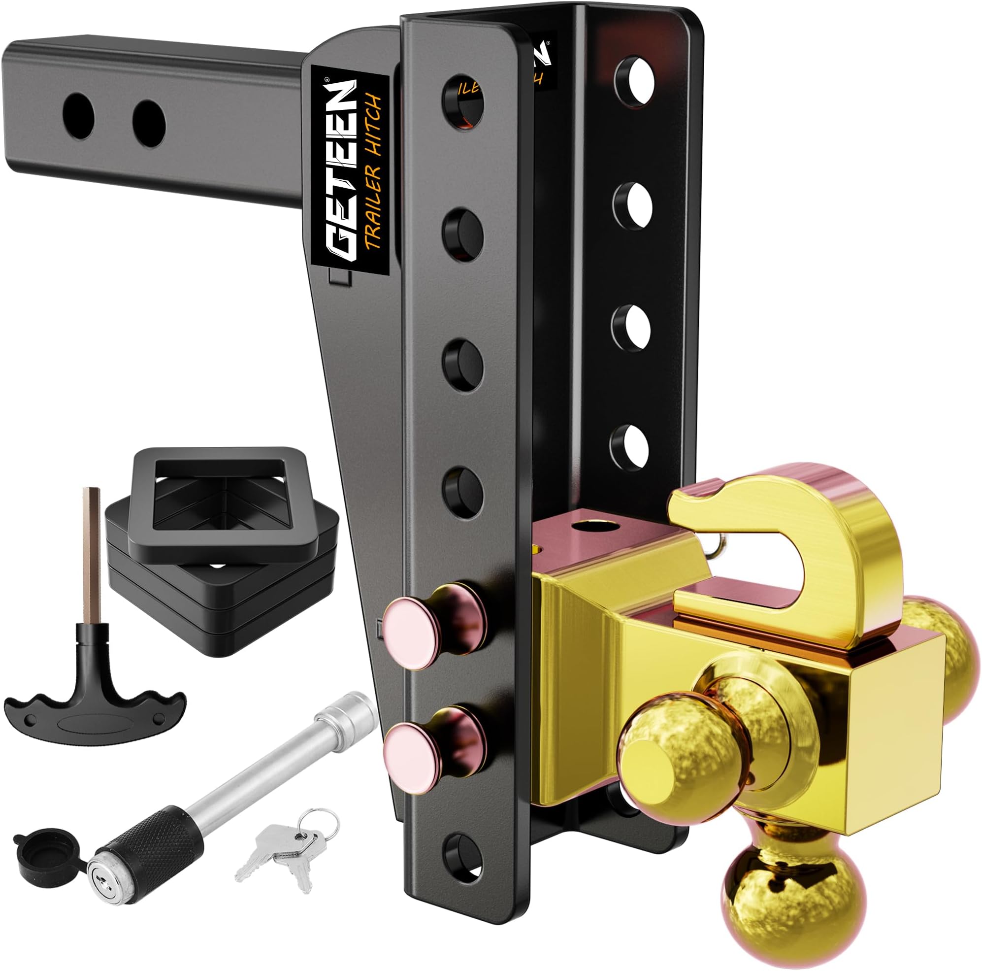Geteen Adjustable Trailer Hitch with Hook, Tri-Ball (1-7/8", 2", 2-5/16") Drop Hitch(15,000LBS MAX GTW), Fits 2 Inch Receiver, 8" Drop Down Hitch, Solid Ball Mount, Gold