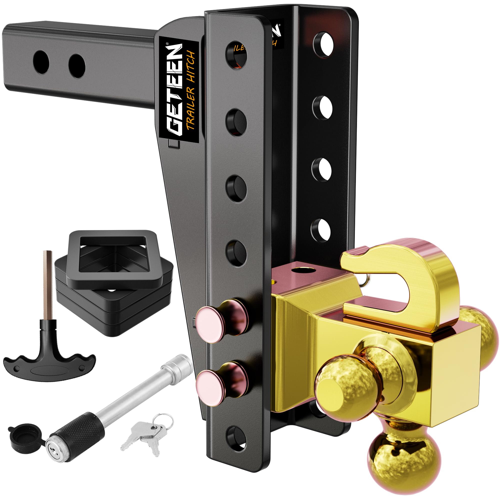 Geteen Adjustable Trailer Hitch with Hook, Tri-Ball (1-7/8", 2", 2-5/16") Drop Hitch(15,000LBS MAX GTW), Fits 2 Inch Receiver, 8" Drop Down Hitch, Solid Ball Mount, Gold